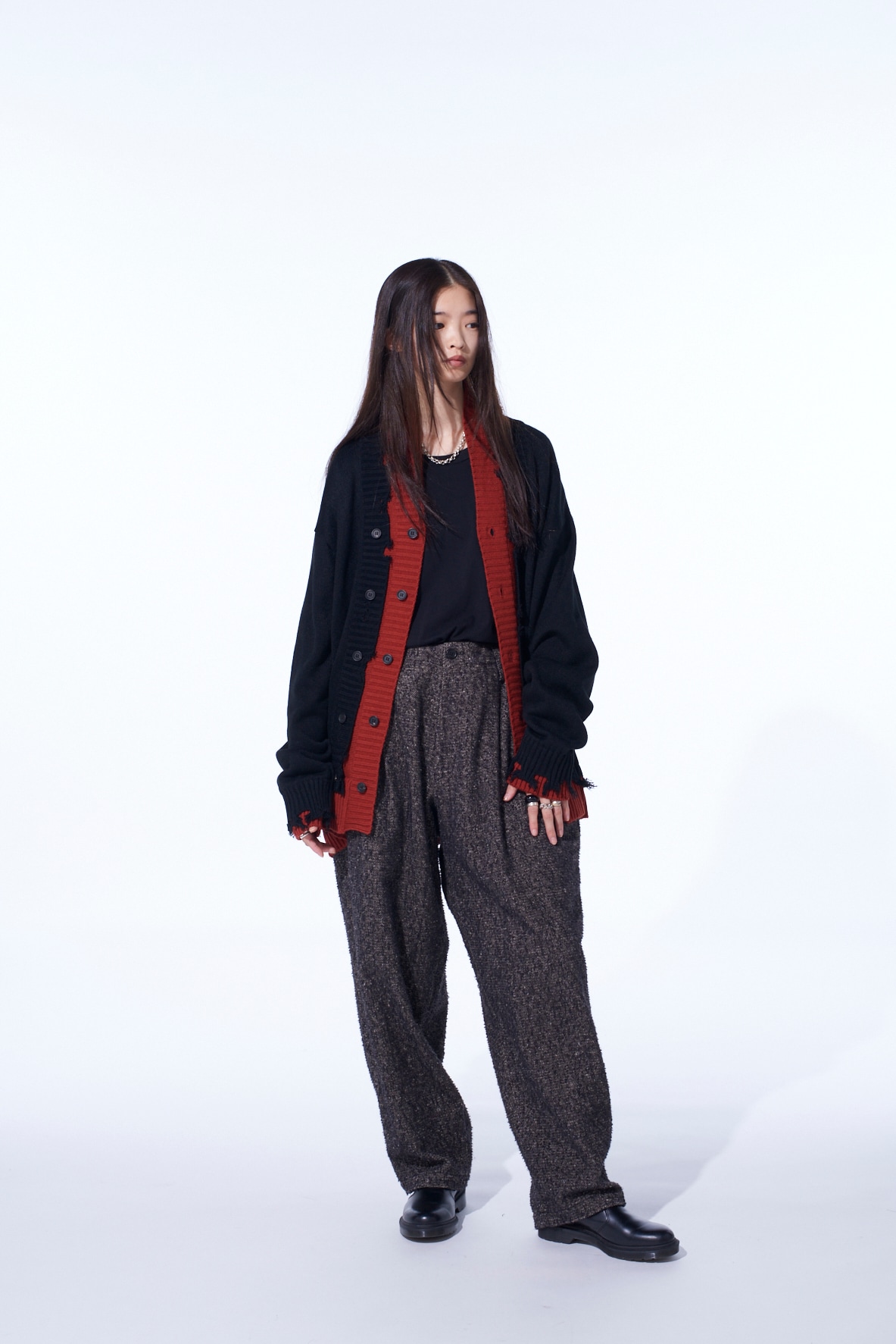 CORPILON BULKY WOOL COLOR-BLOCKED DAMAGE CARDIGAN