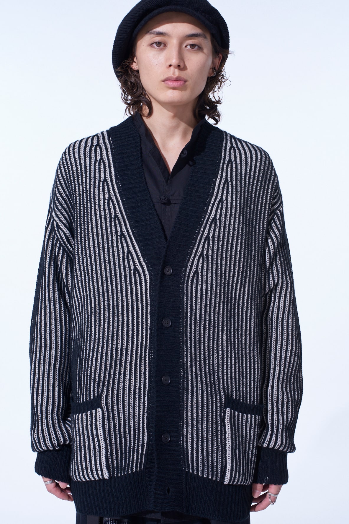 5G BULKY WOOL RIB STITCH V-NECK CARDIGAN