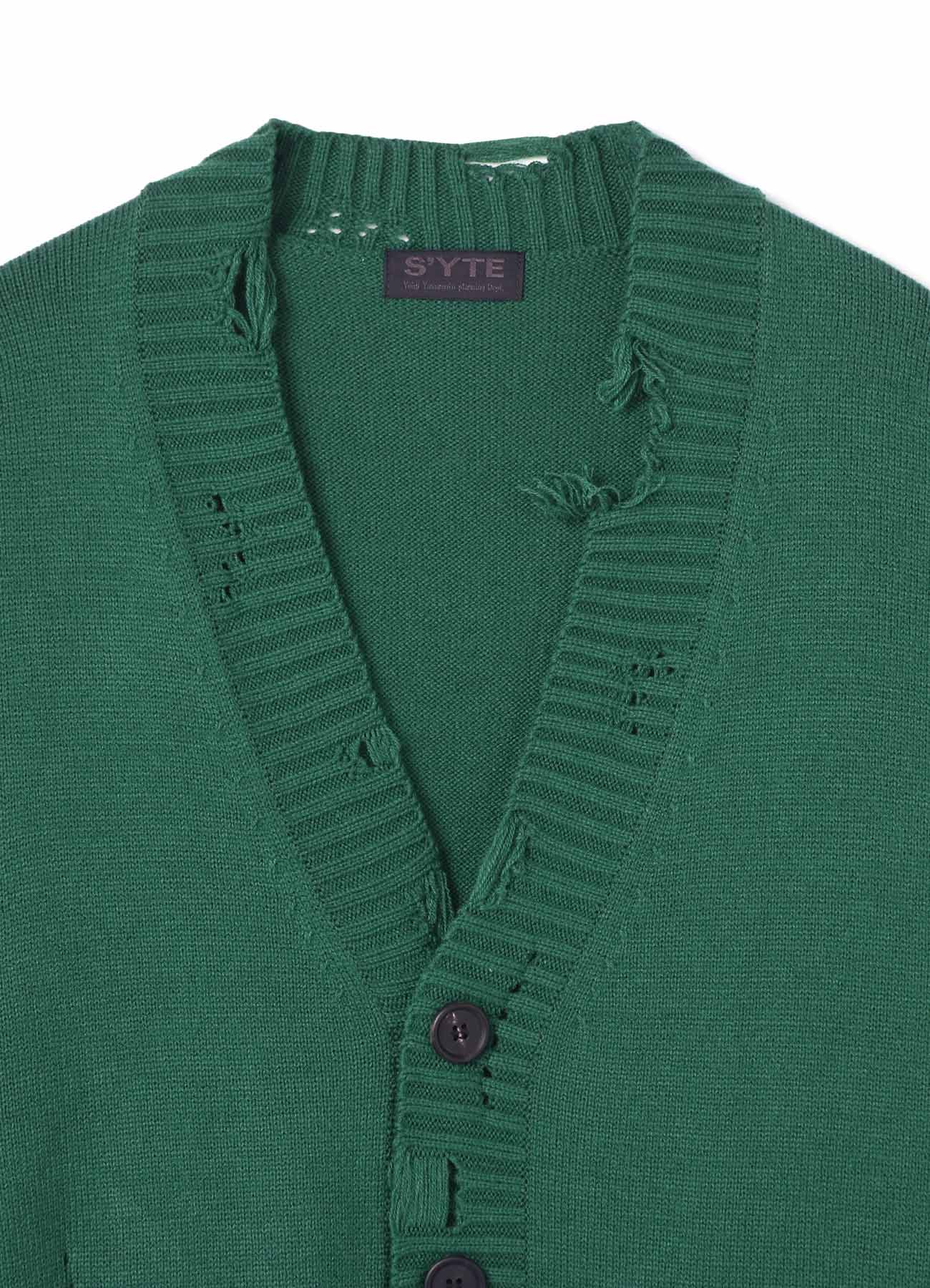 7G BULKY WOOL DAMAGE V-NECK CARDIGAN(M Green): S'YTE｜THE