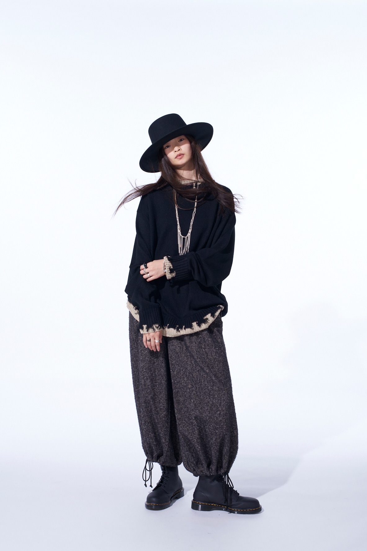 BRUSHED TWILL NEEDLE PUNCH ELASTIC HAKAMA PANTS