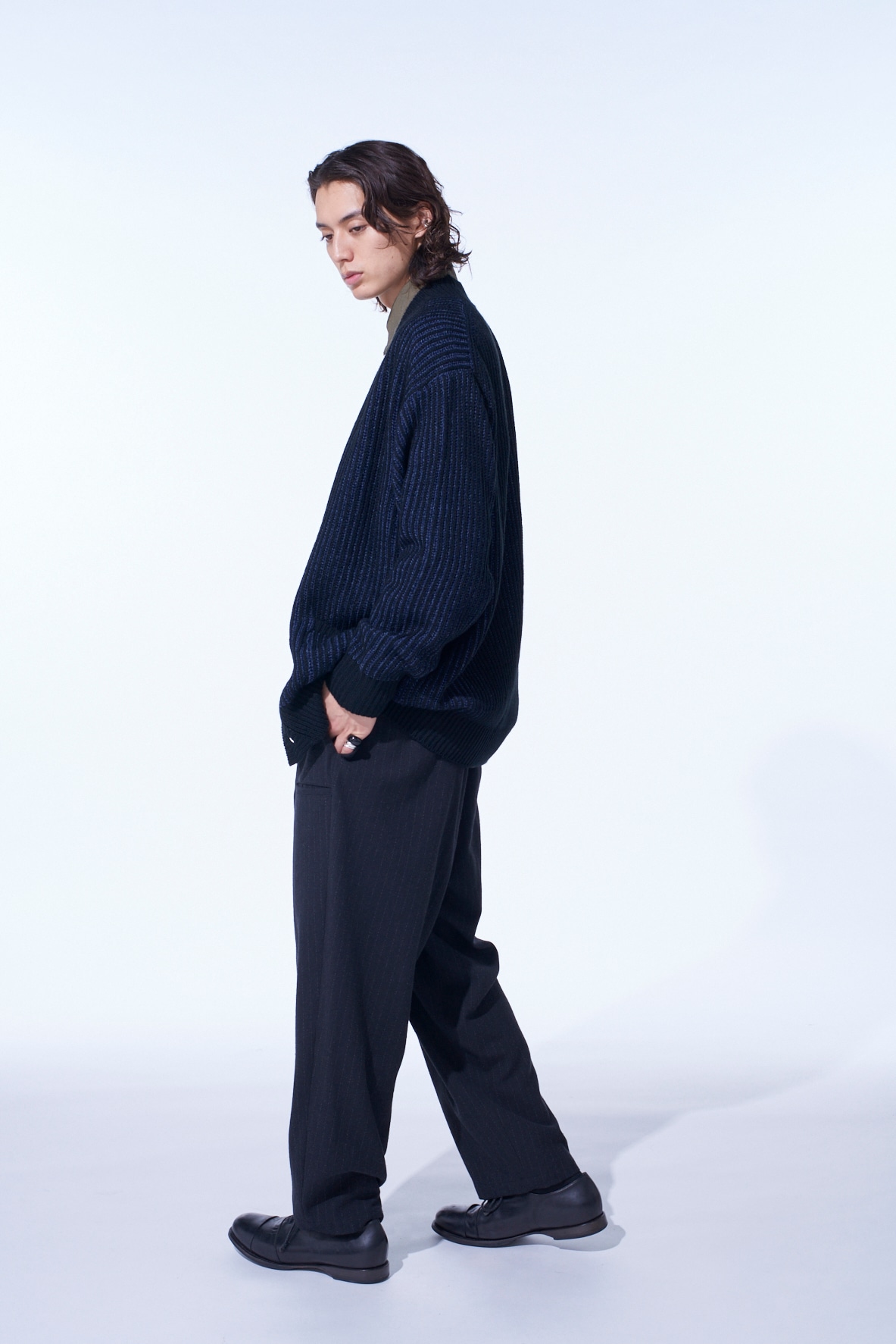 STRIPED SILK ANGORA WOOL 2 TUCK CARGO PANTS