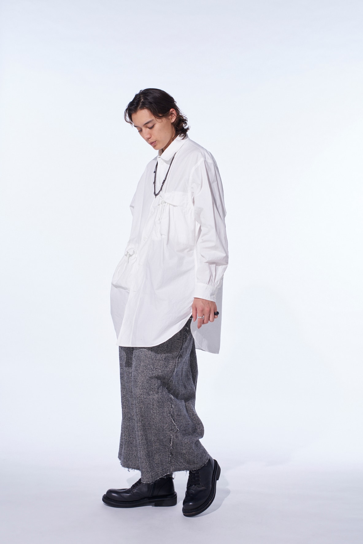 GLEN CHECK RAW EDGE WIDE SAROUEL PANTS