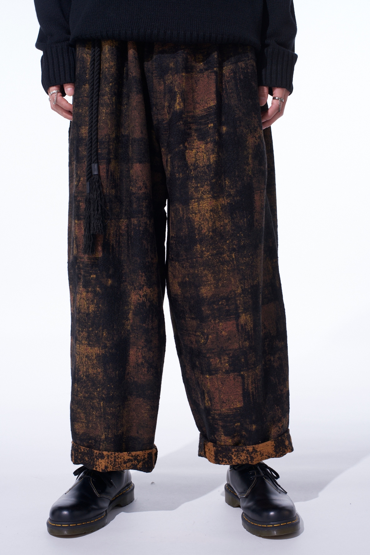 CHECK JACQUARD WAIST-STRING WIDE PANTS