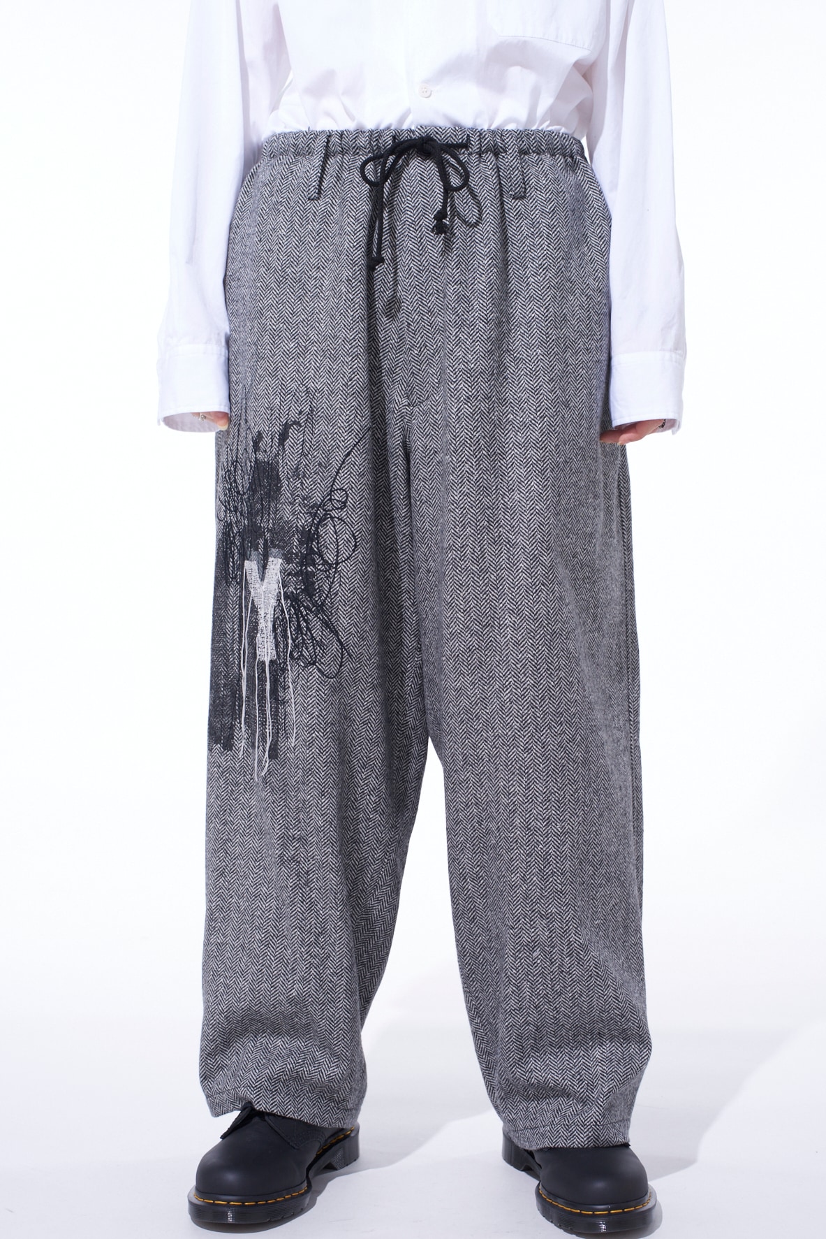 HERRINGBONE TWEED WAIST-STRING WIDE PANTS