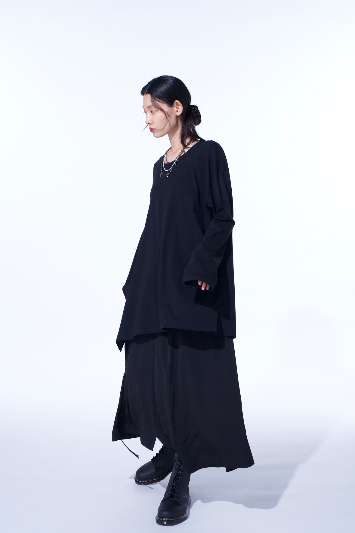 COTTON JERSEY FABRIC SWITCH L/S DRAPED T-SHIRT