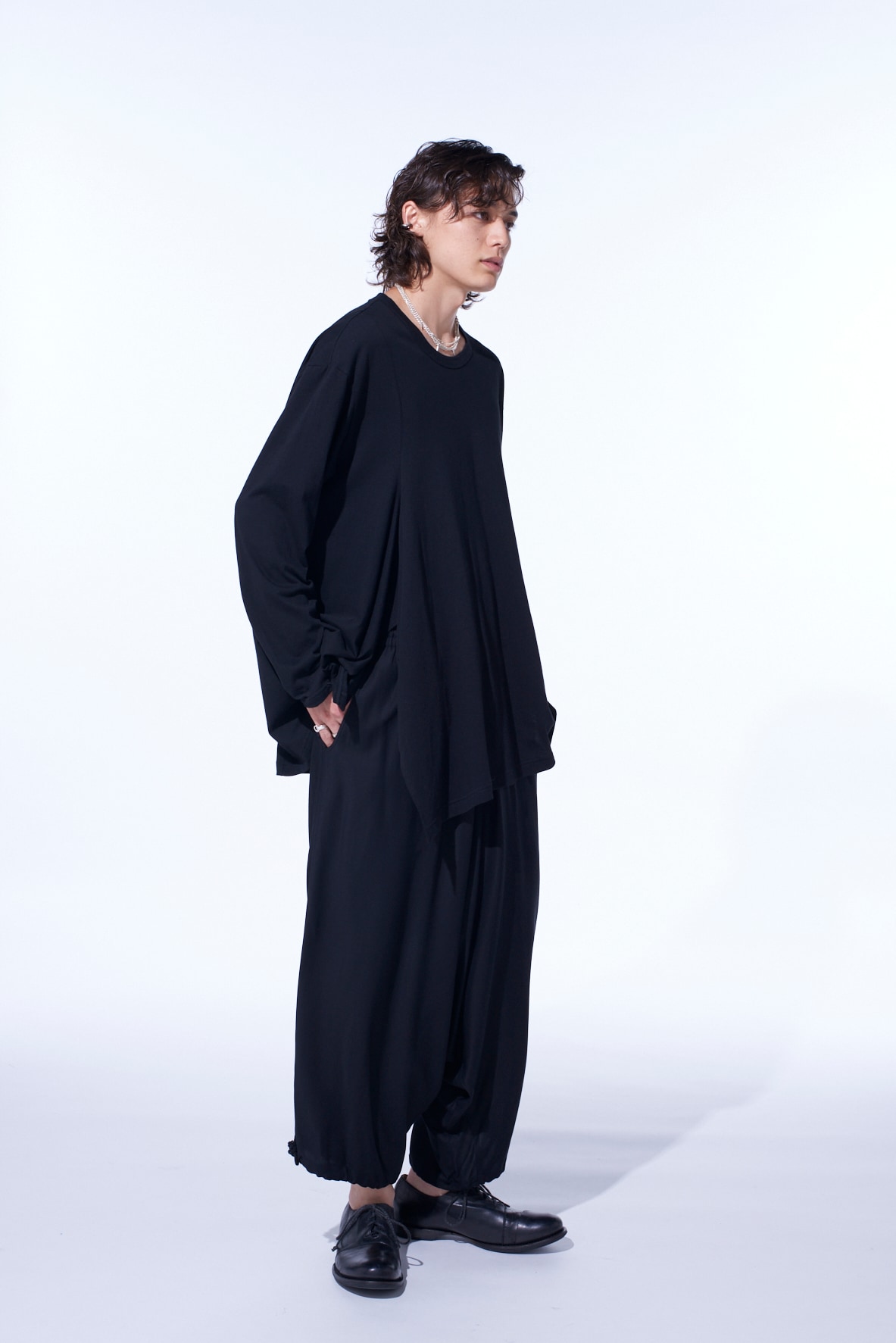 COTTON JERSEY FABRIC SWITCH L/S DRAPED T-SHIRT