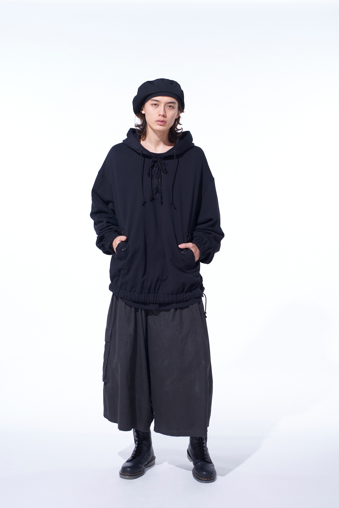 TWILL TERRY MIX OVERSIZED LACE-UP HOODIE