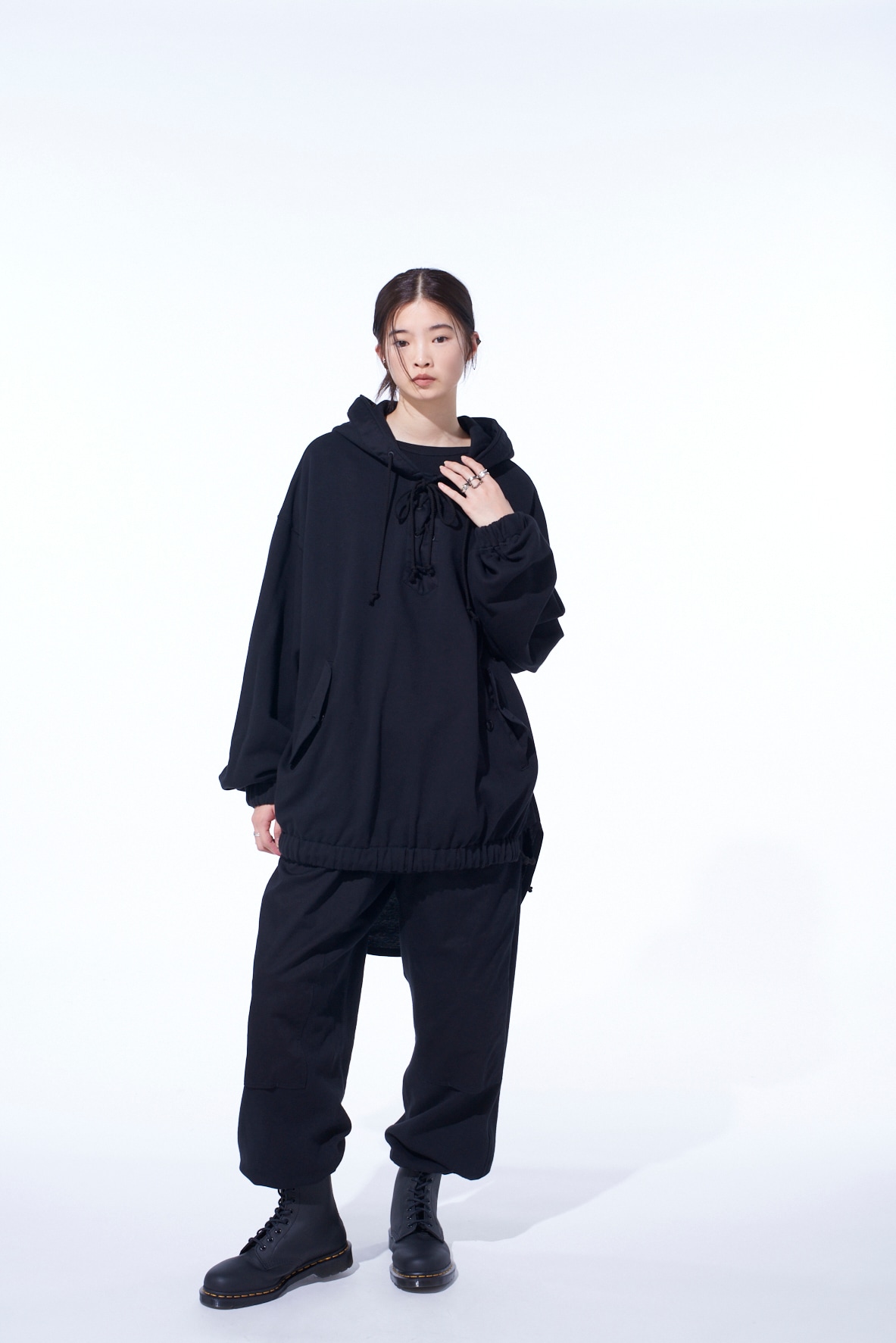 TWILL TERRY MIX OVERSIZED LACE-UP HOODIE