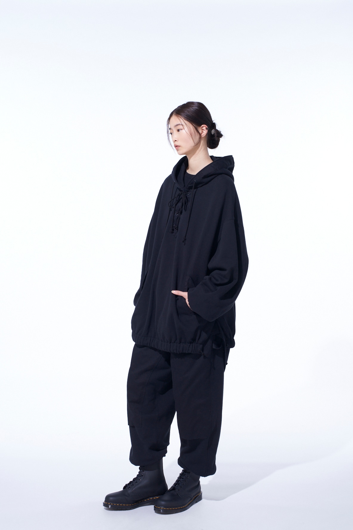 TWILL TERRY MIX OVERSIZED LACE-UP HOODIE