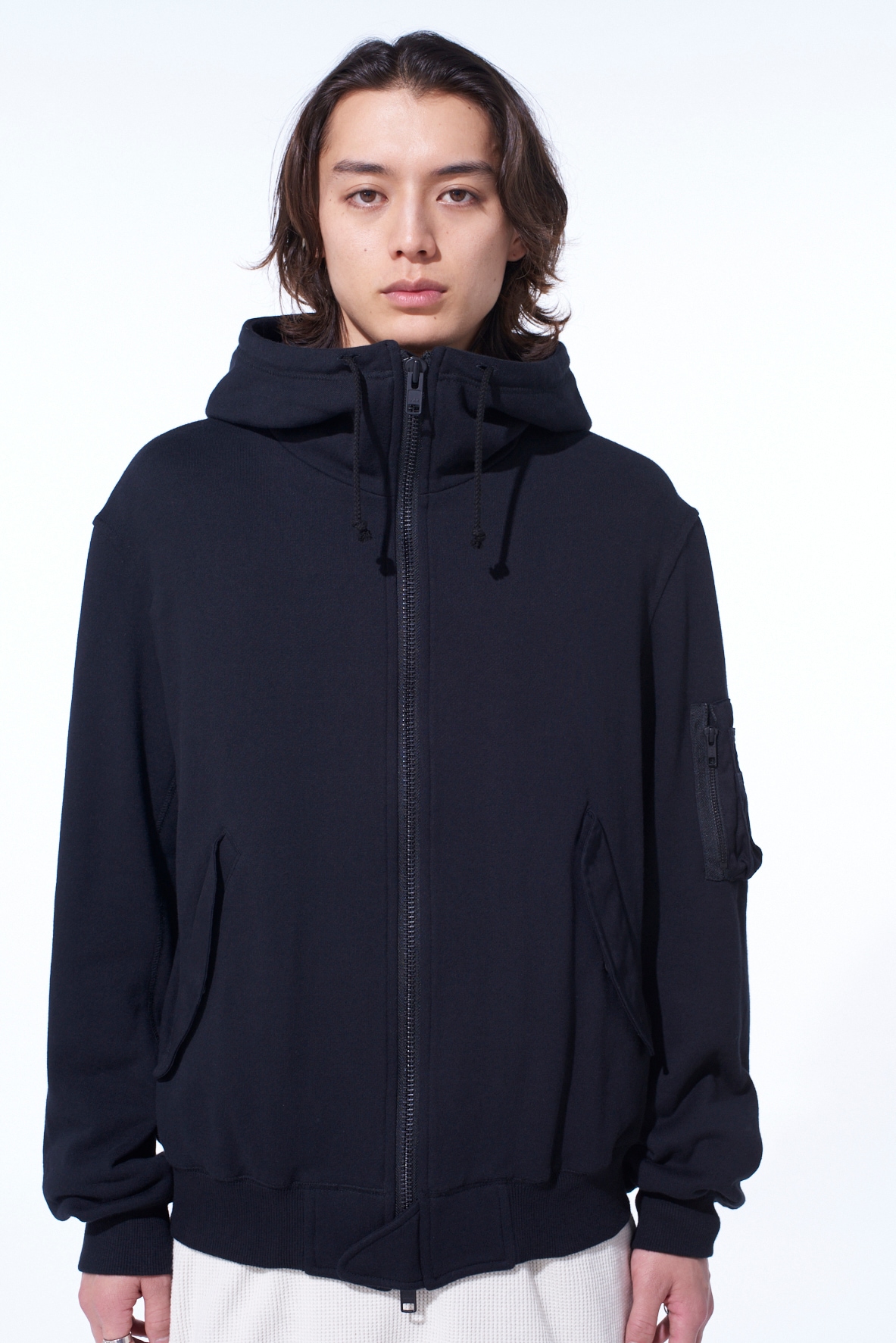 TWILL TERRY MIX ZIP-UP HOODIE WITH UTILITY SLEEVE POCKET