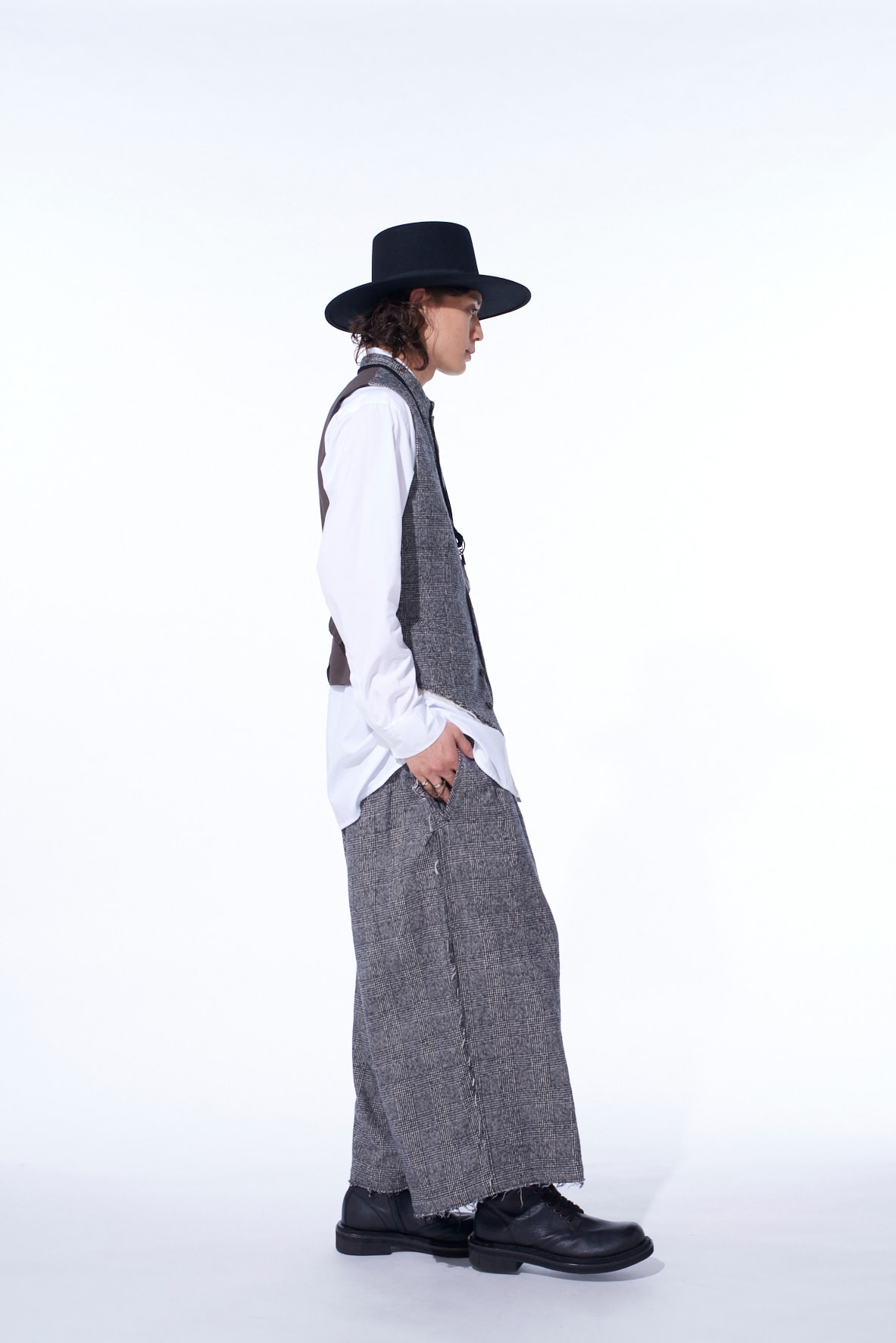 GLEN CHECK CUT-OUT HEM STAND COLLAR VEST