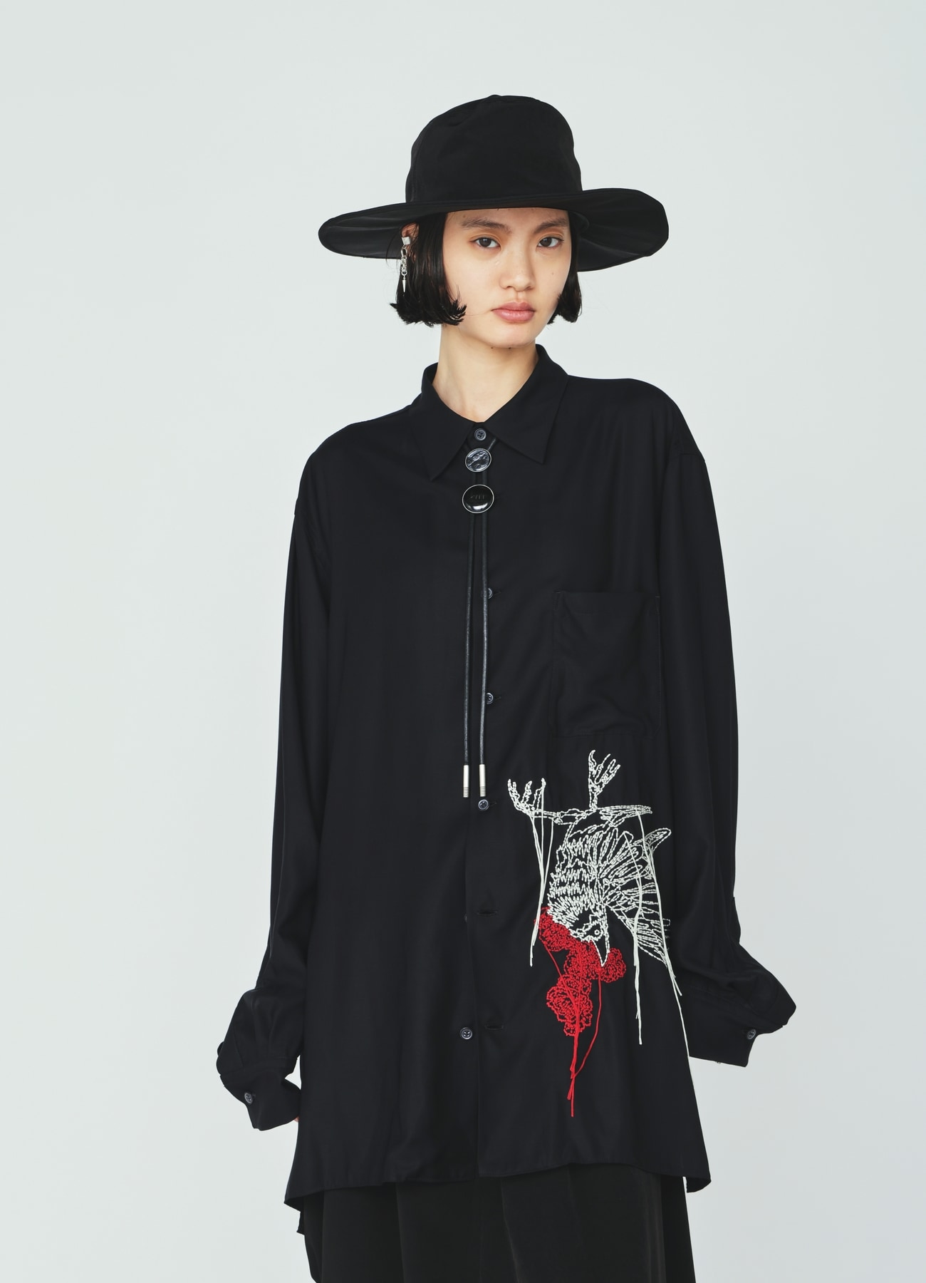 RAYON TWILL CROW AND FLOWER EMBROIDERY SHIRT