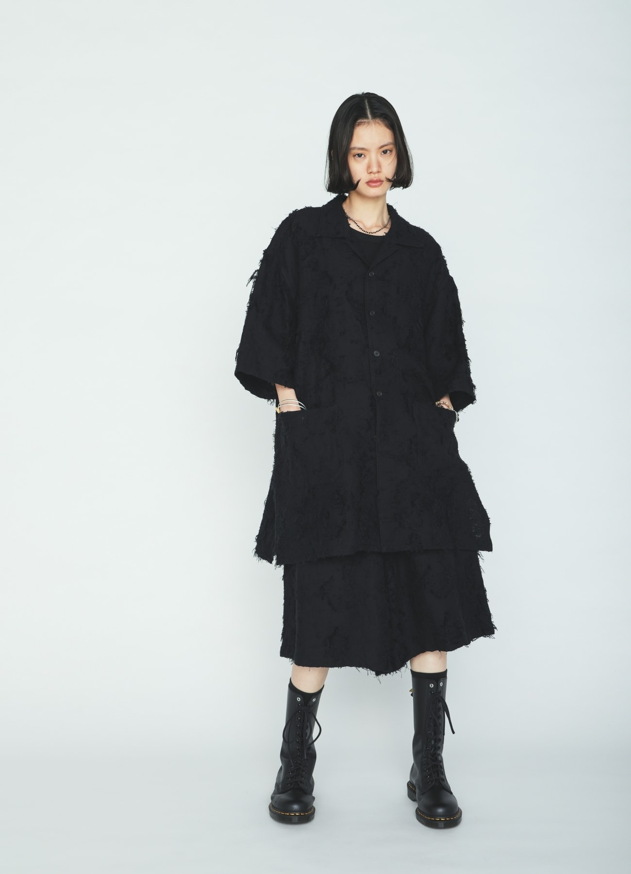 COTTON BOTANICAL SHEER JACQUARD OPEN COLLAR SHORT-SLEEVE SHIRT