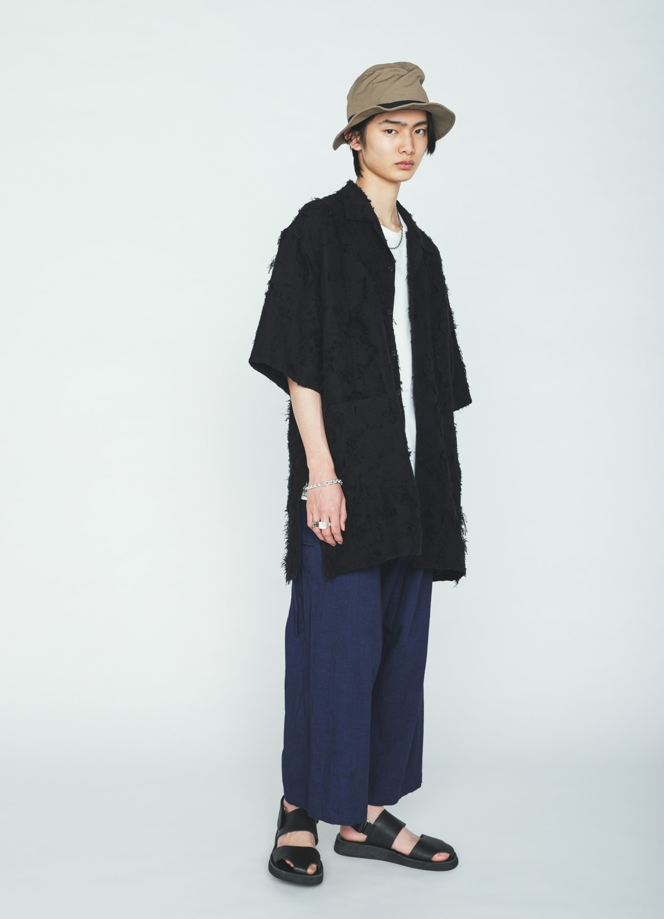 COTTON BOTANICAL SHEER JACQUARD OPEN COLLAR SHORT-SLEEVE SHIRT