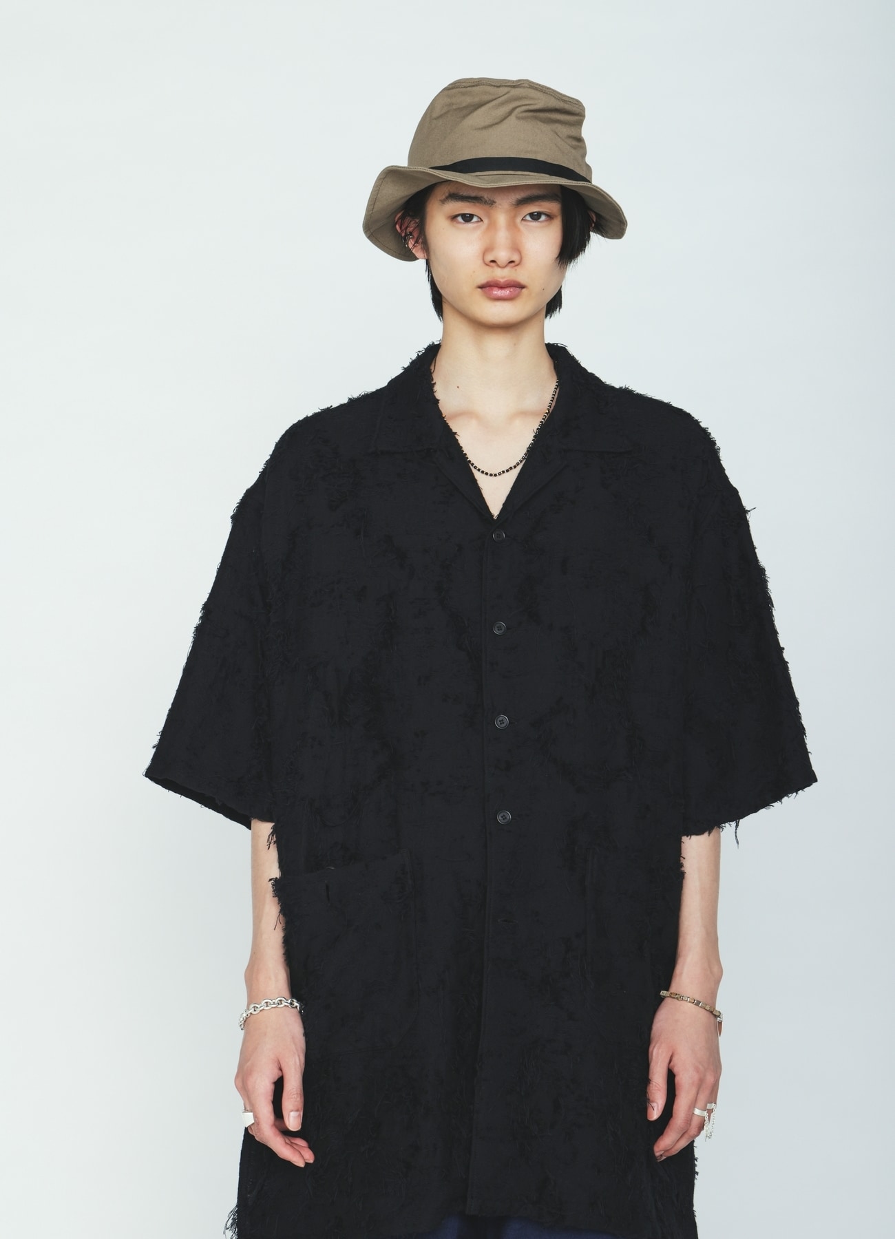 COTTON BOTANICAL SHEER JACQUARD OPEN COLLAR SHORT-SLEEVE SHIRT