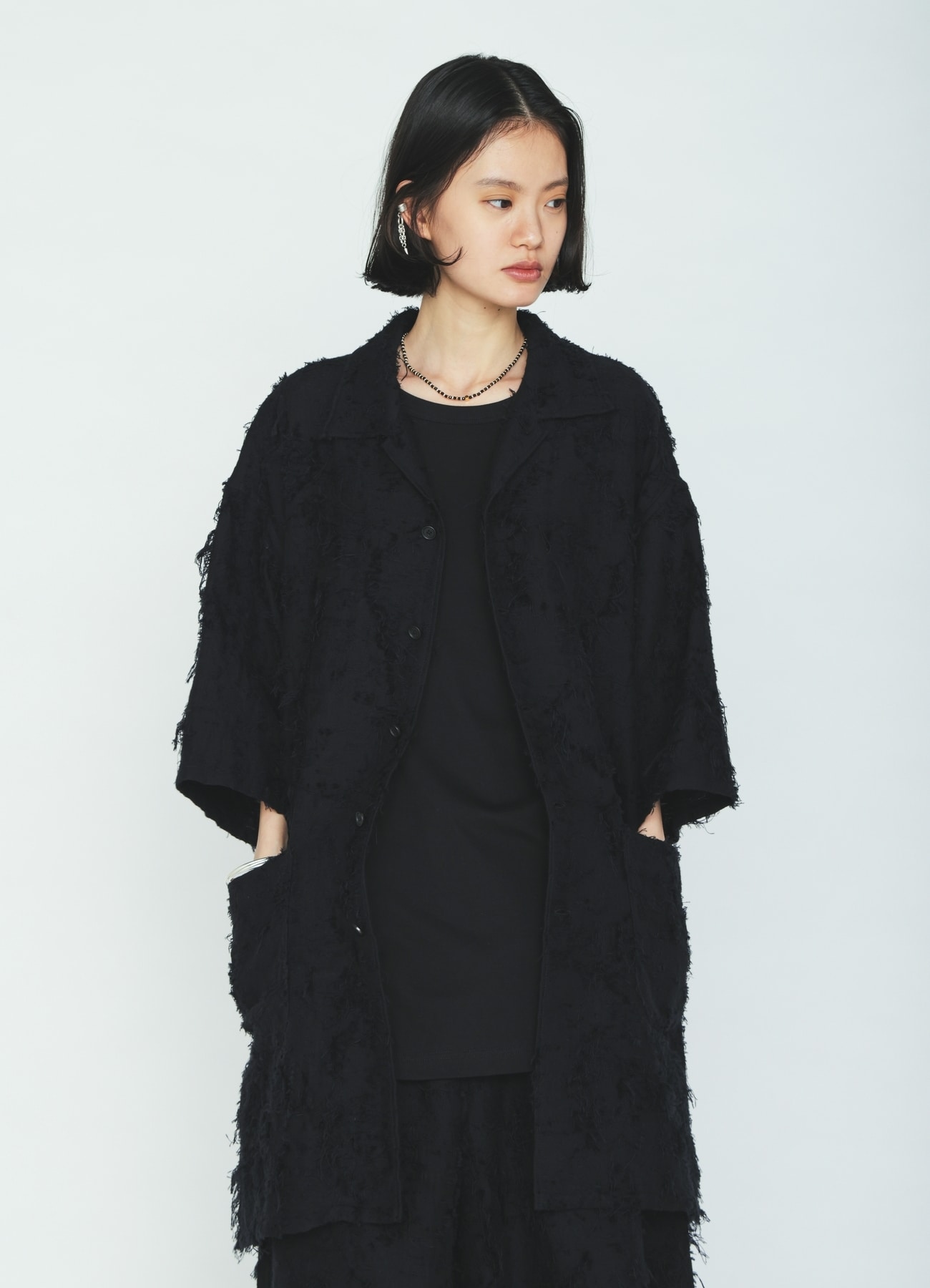 COTTON BOTANICAL SHEER JACQUARD OPEN COLLAR SHORT-SLEEVE SHIRT