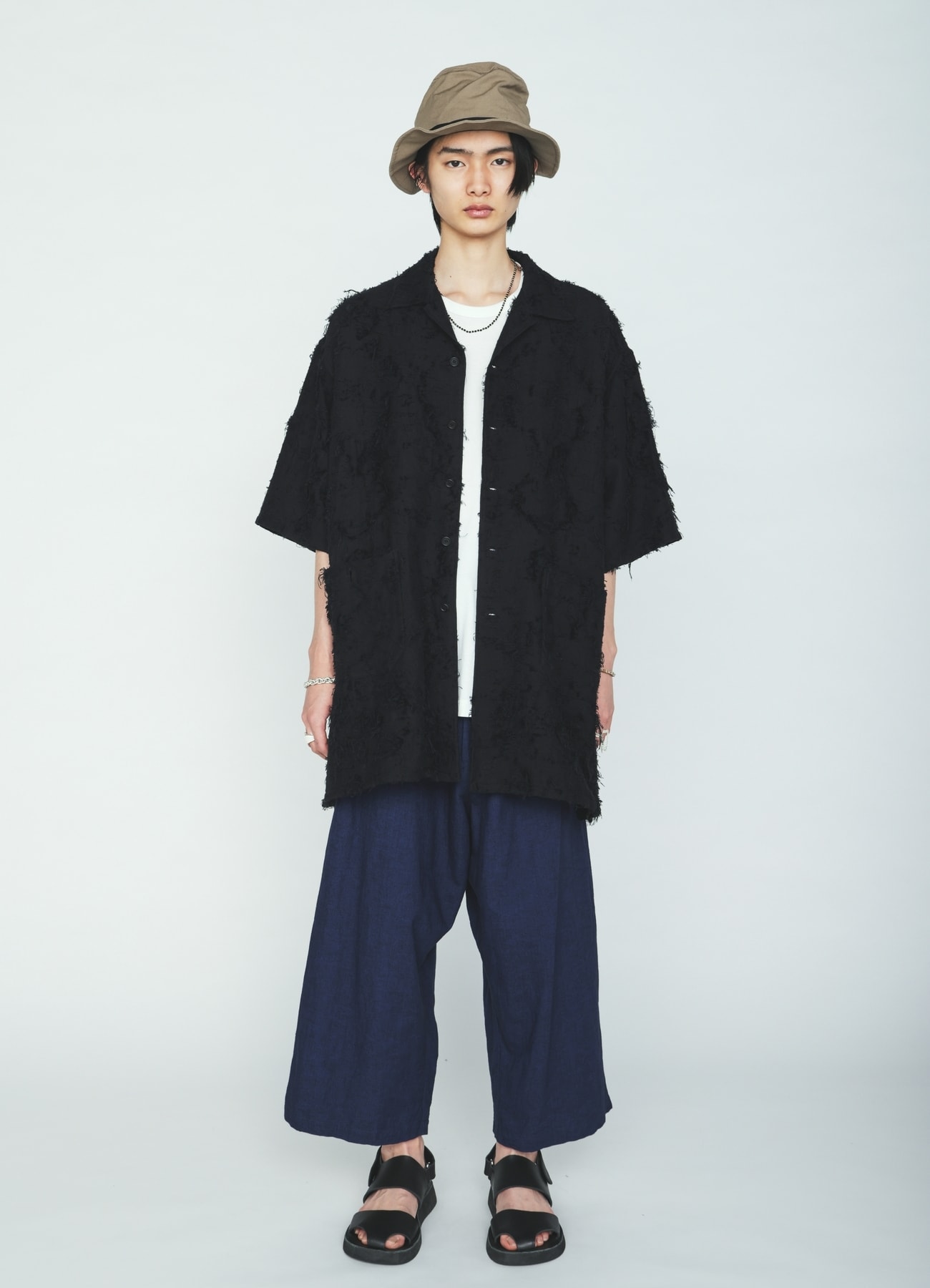 COTTON BOTANICAL SHEER JACQUARD OPEN COLLAR SHORT-SLEEVE SHIRT