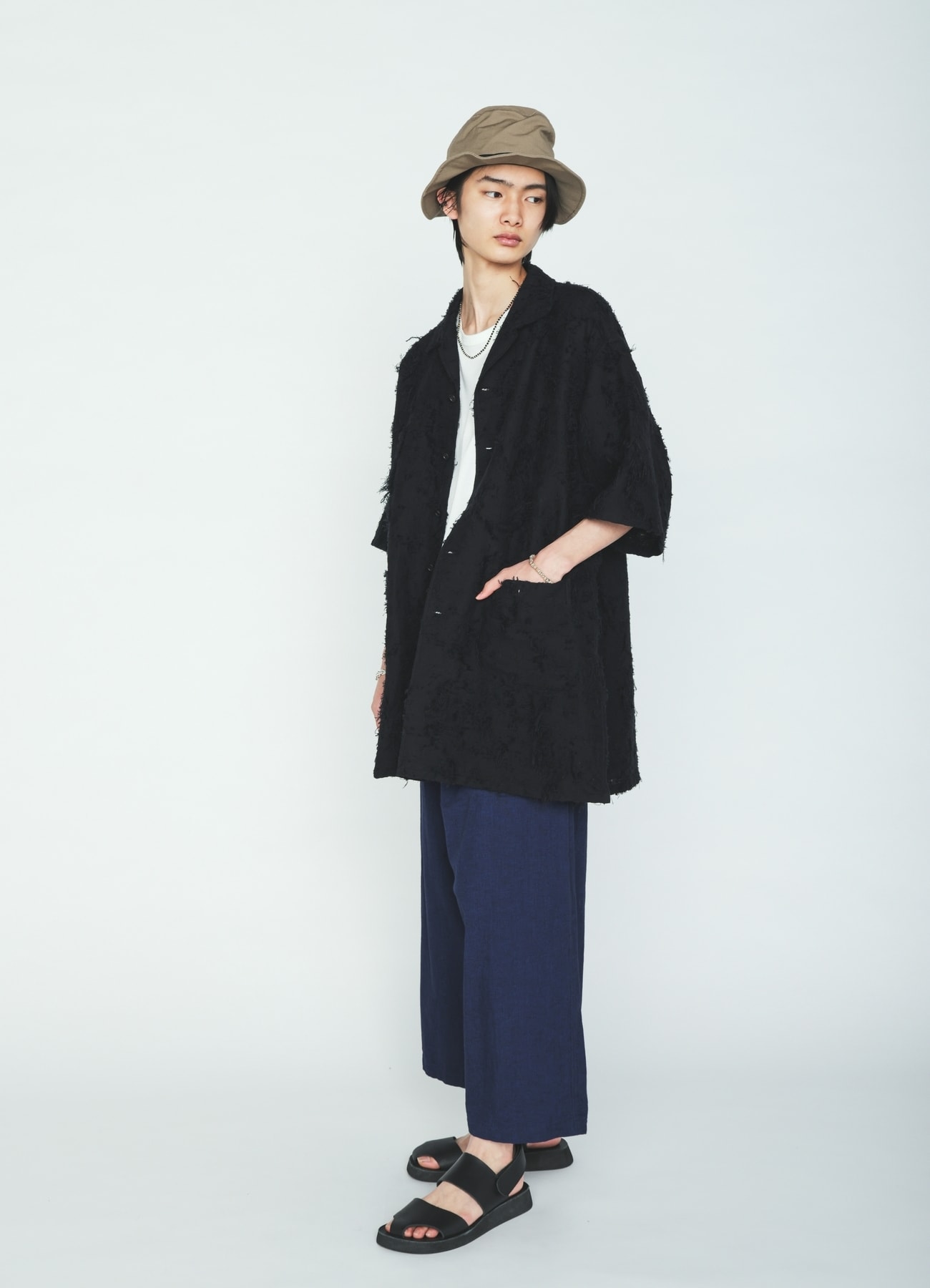 COTTON BOTANICAL SHEER JACQUARD OPEN COLLAR SHORT-SLEEVE SHIRT