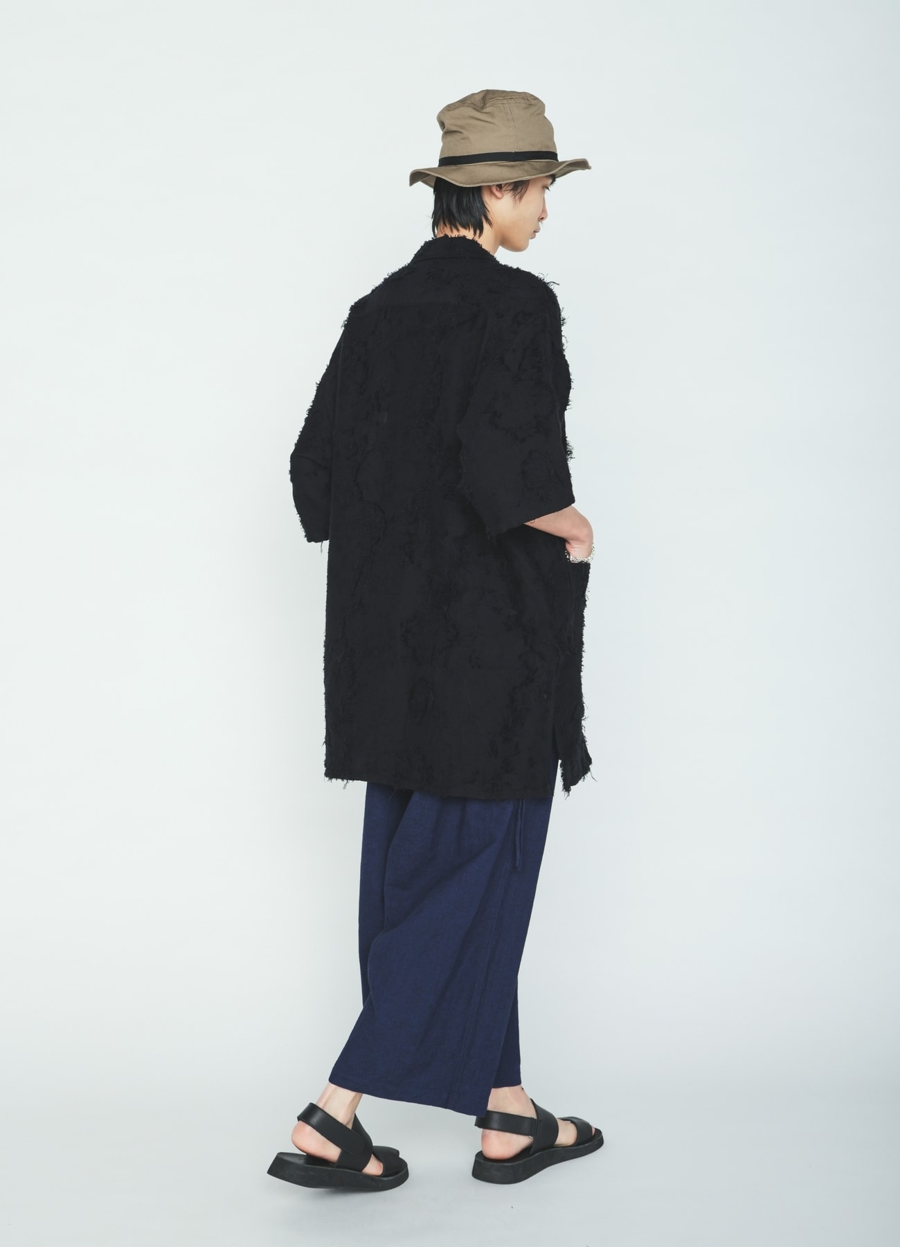 COTTON BOTANICAL SHEER JACQUARD OPEN COLLAR SHORT-SLEEVE SHIRT