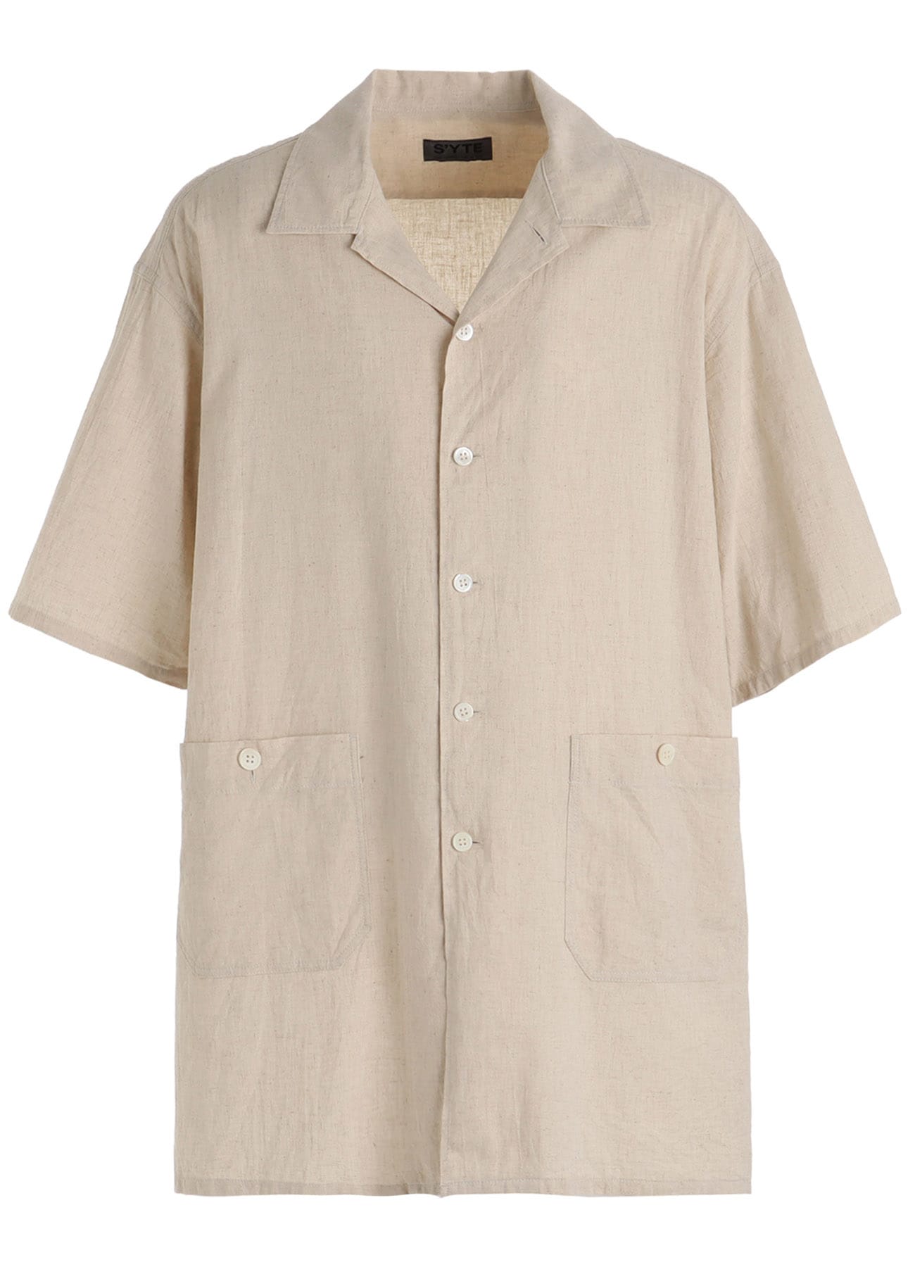 Cotton-Linen Poplin OPEN COLLAR SHORT-SLEEVE SHIRT(M White): S'YTE