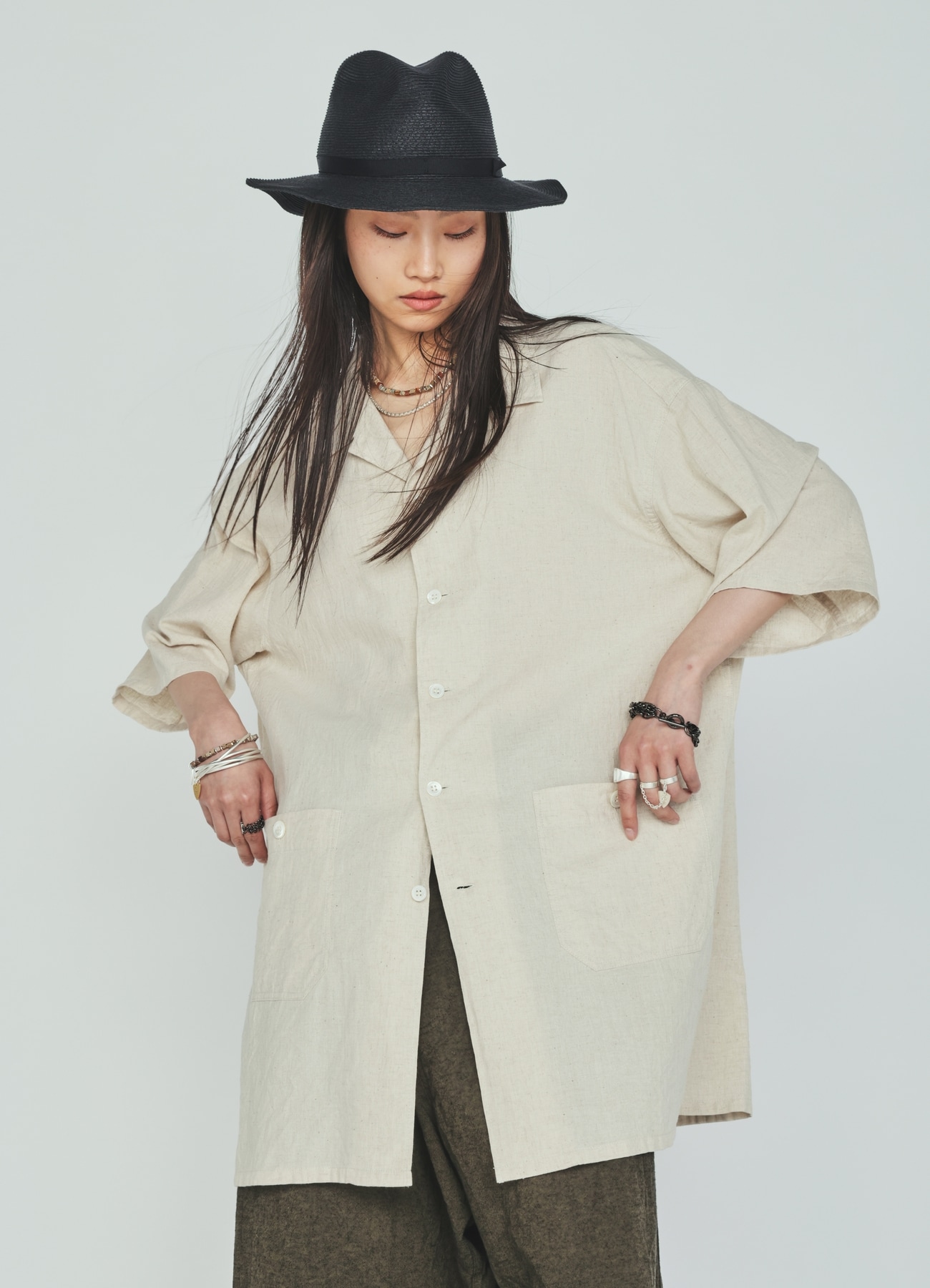 Cotton-Linen Poplin OPEN COLLAR SHORT-SLEEVE SHIRT