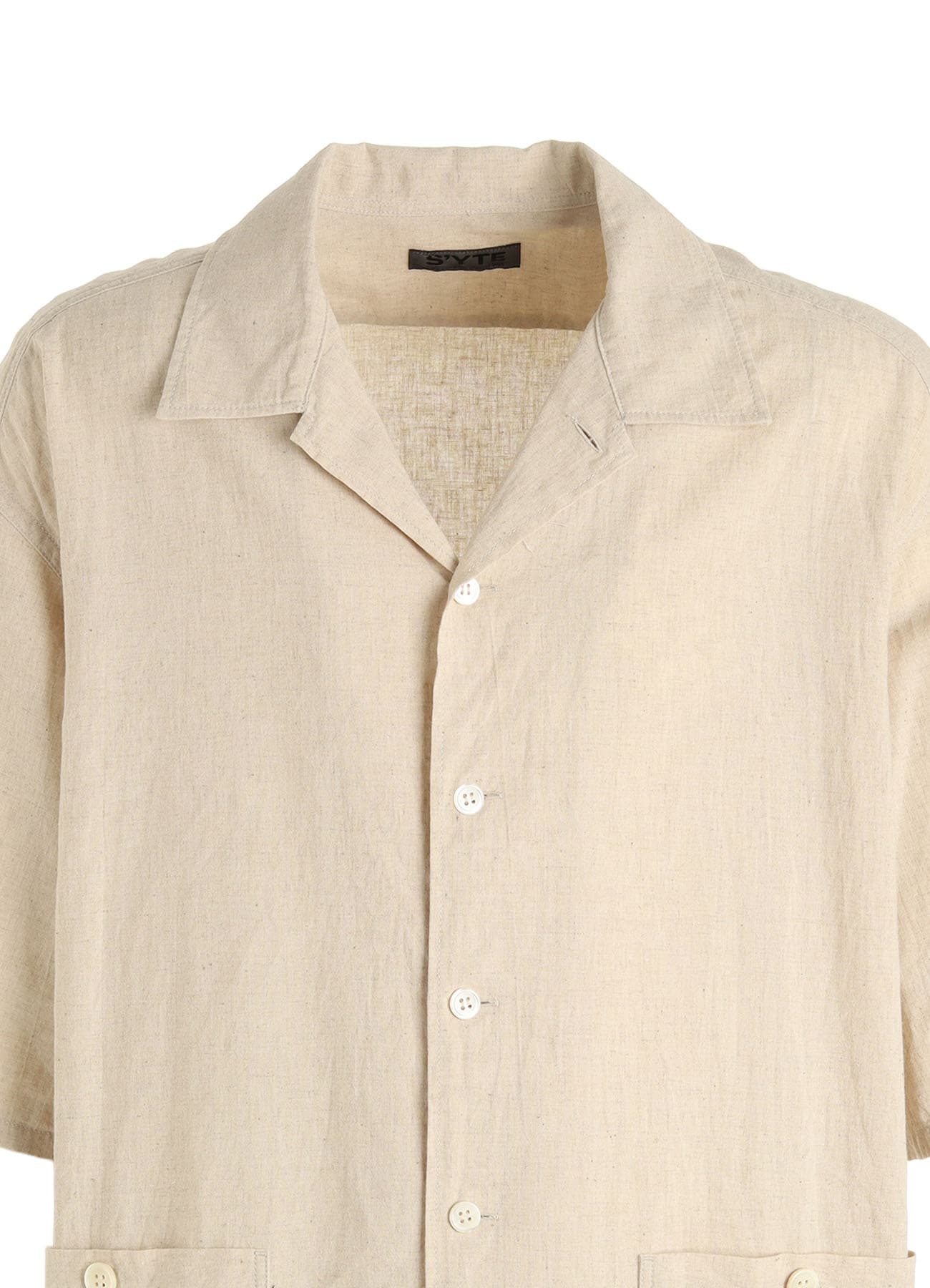 Cotton-Linen Poplin OPEN COLLAR SHORT-SLEEVE SHIRT(M White): S'YTE