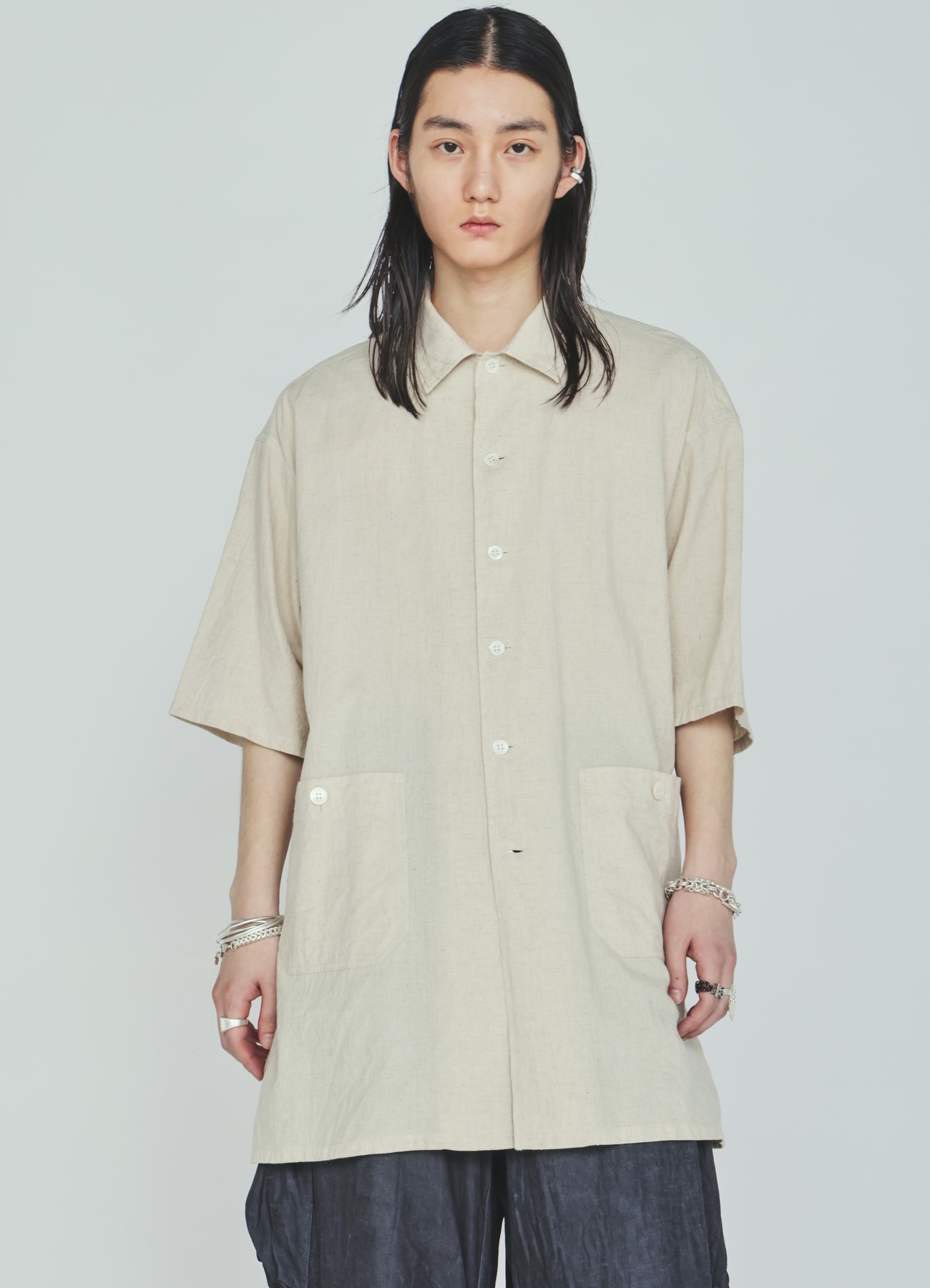 Cotton-Linen Poplin OPEN COLLAR SHORT-SLEEVE SHIRT