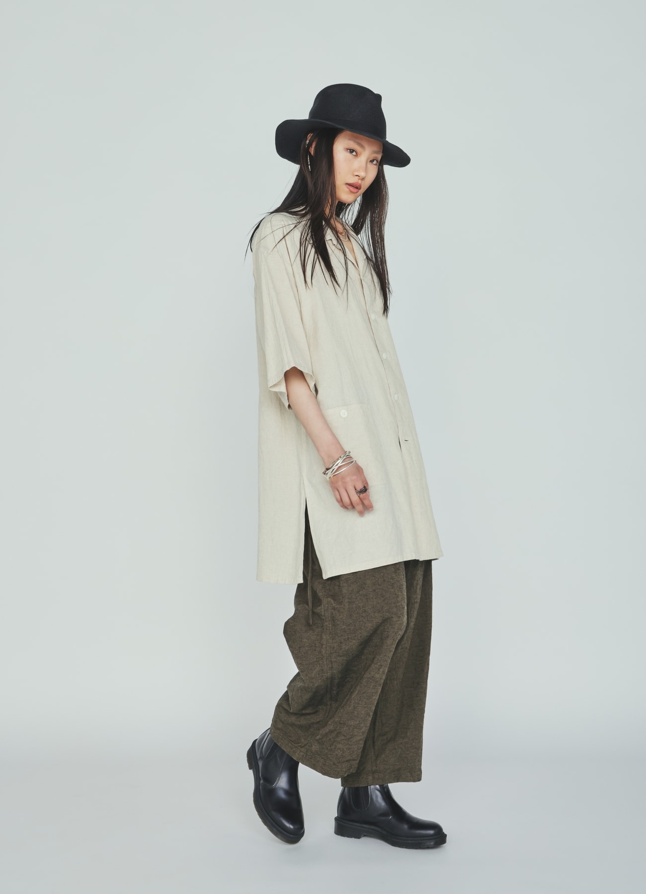Cotton-Linen Poplin OPEN COLLAR SHORT-SLEEVE SHIRT