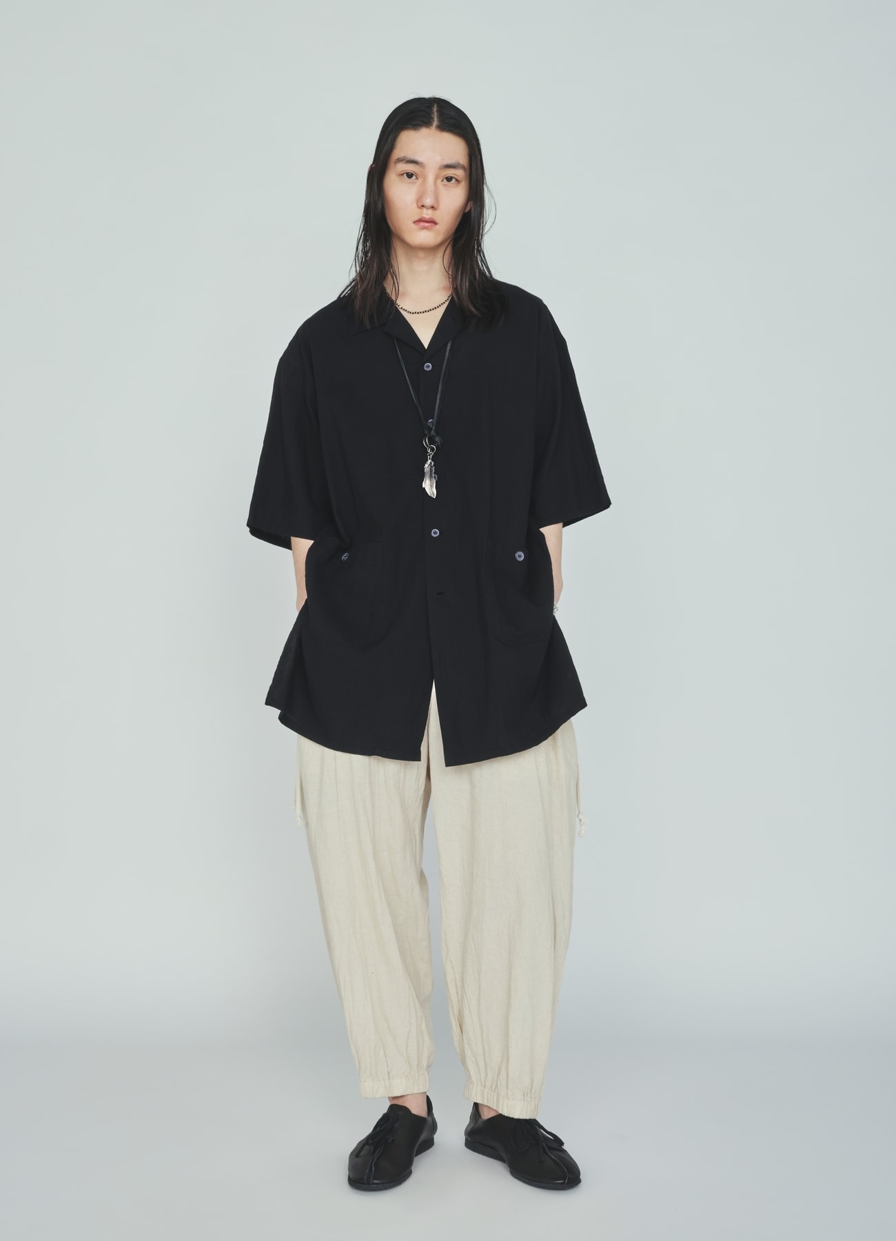 Cotton-Linen Poplin OPEN COLLAR SHORT-SLEEVE SHIRT