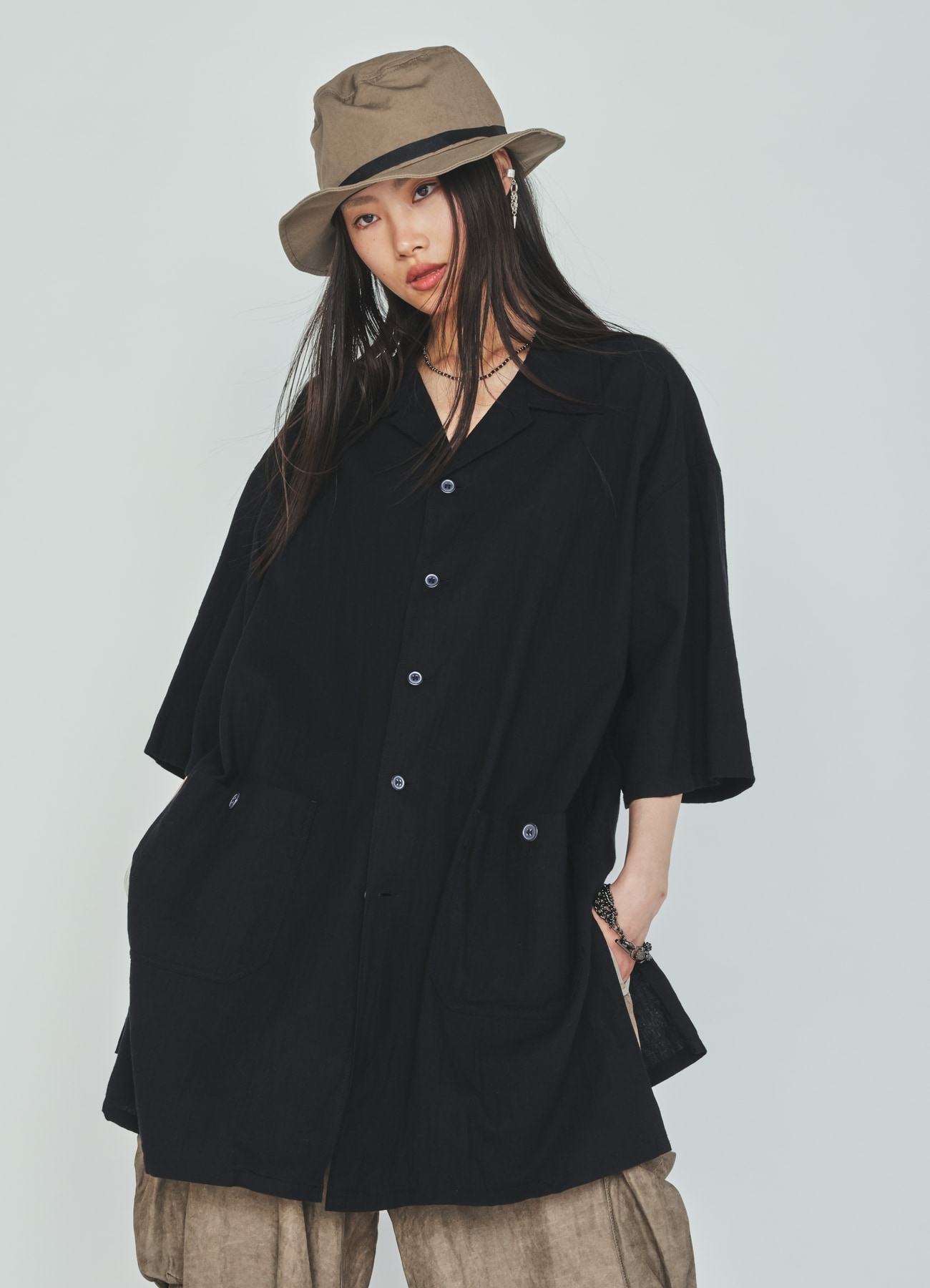 Cotton-Linen Poplin OPEN COLLAR SHORT-SLEEVE SHIRT