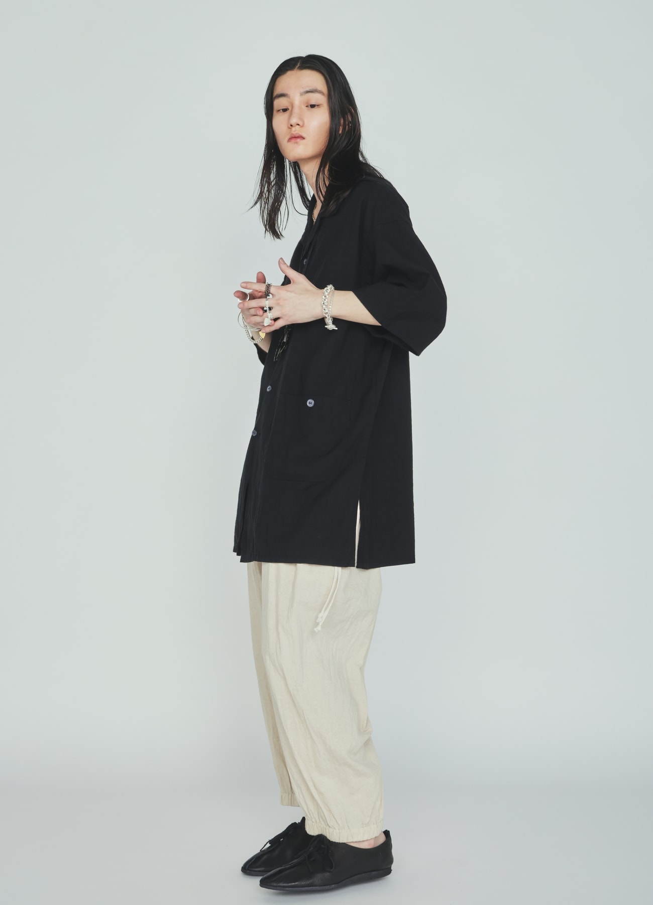 Cotton-Linen Poplin OPEN COLLAR SHORT-SLEEVE SHIRT