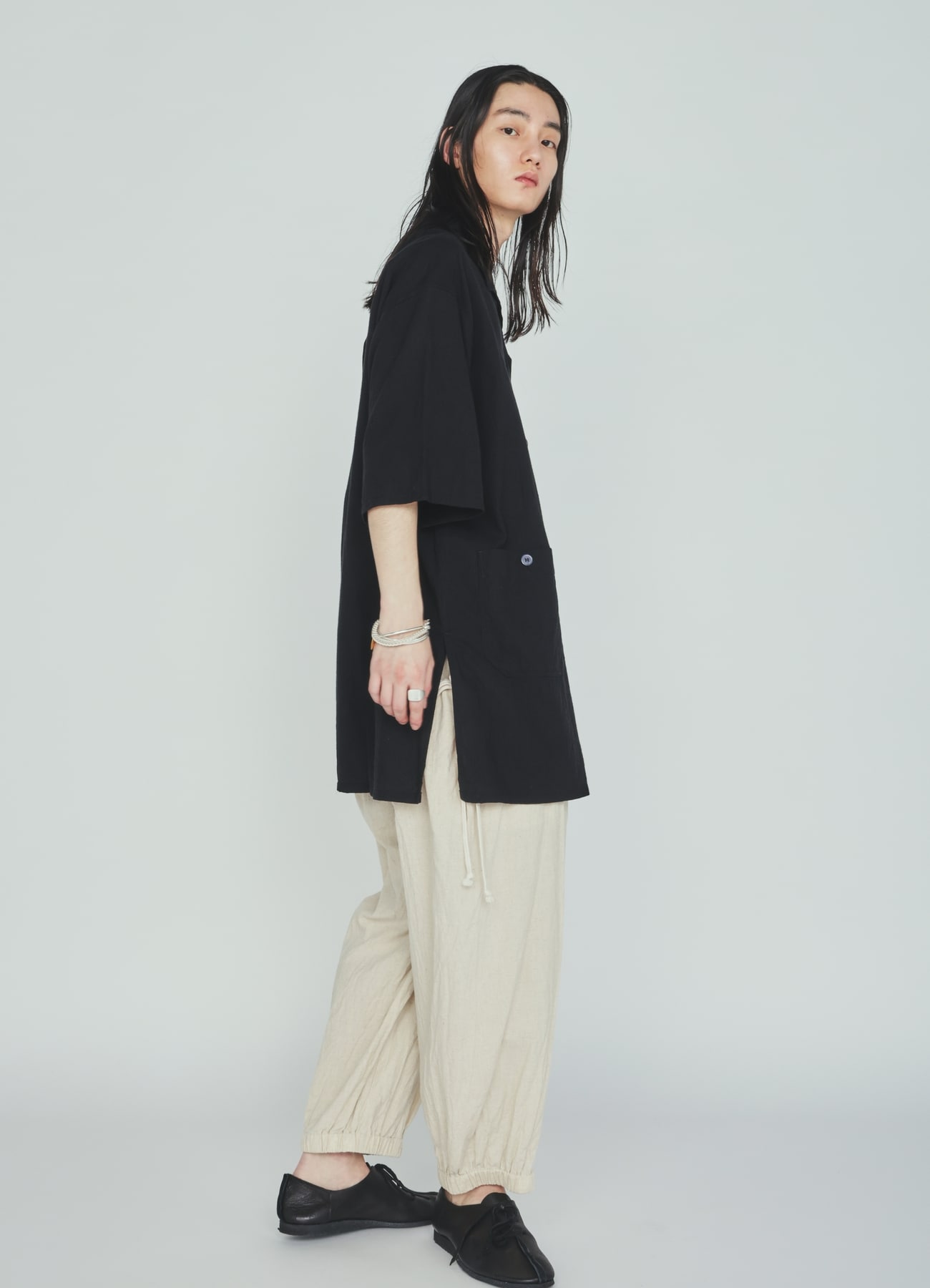 Cotton-Linen Poplin OPEN COLLAR SHORT-SLEEVE SHIRT