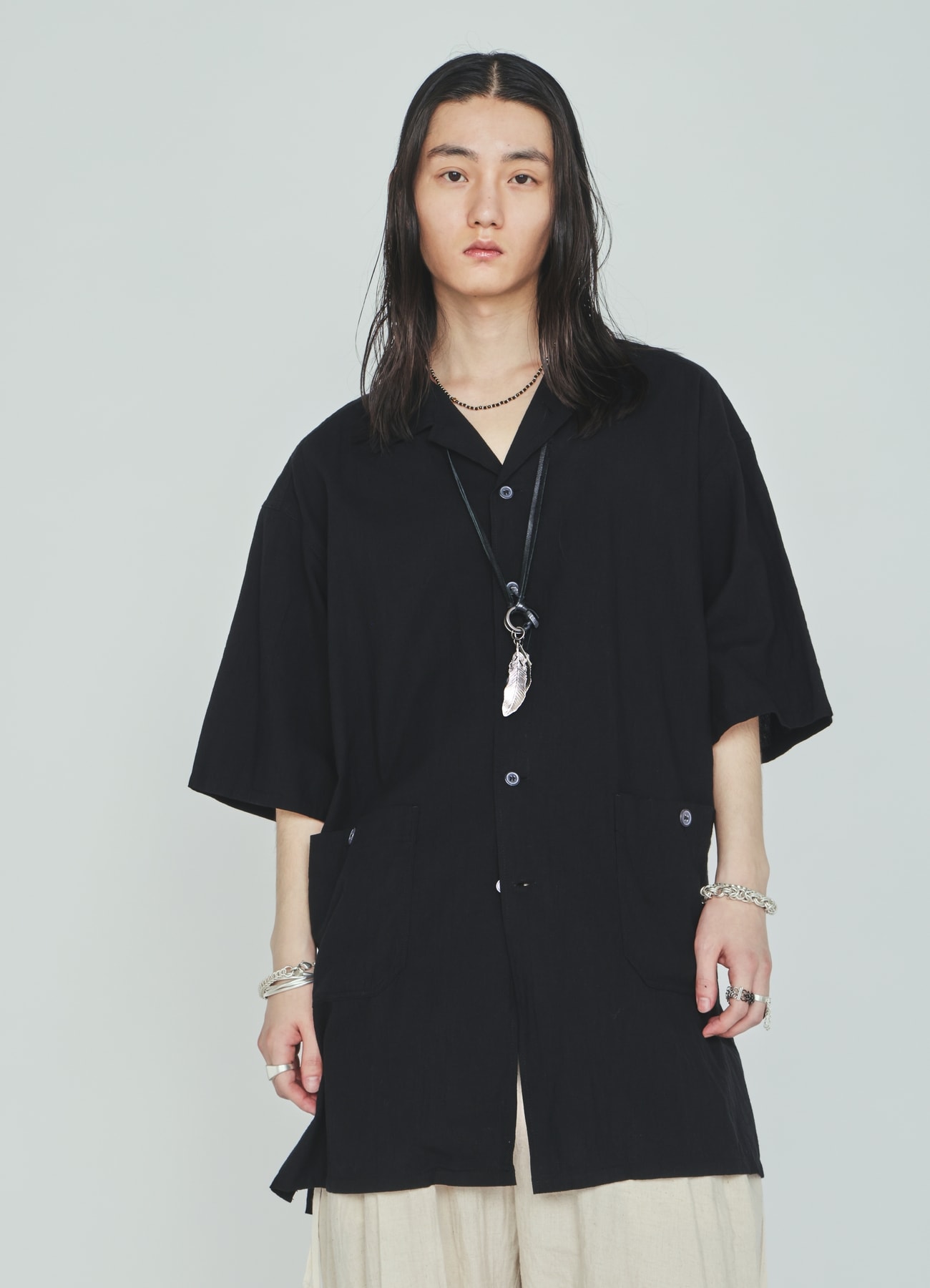 Cotton-Linen Poplin OPEN COLLAR SHORT-SLEEVE SHIRT