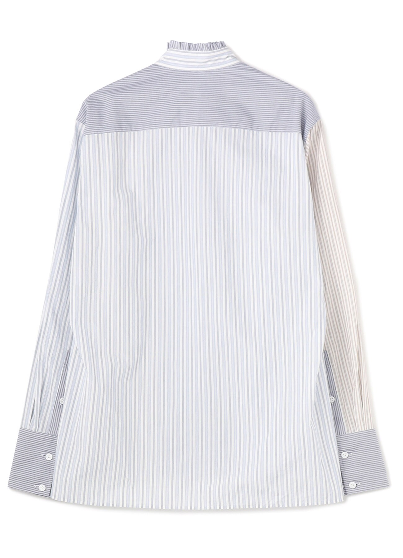 Crazy Stripe Switching Frill Stand Collar Shirt