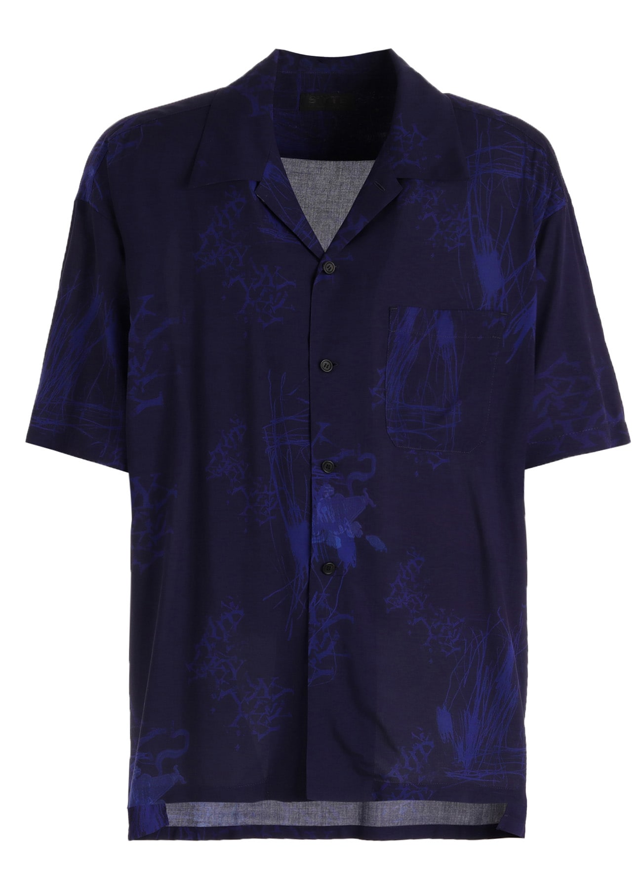 RAYON “Y” LETTER AND INDIAN MOTIF PRINT OPEN COLLAR SHIRT(M Navy