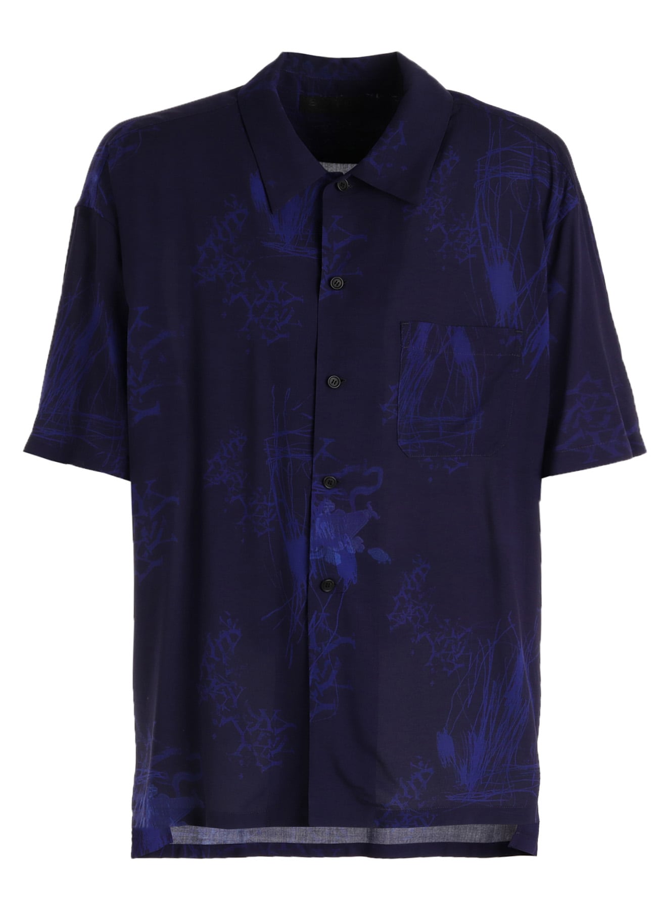 RAYON “Y” LETTER AND INDIAN MOTIF PRINT OPEN COLLAR SHIRT(M Navy