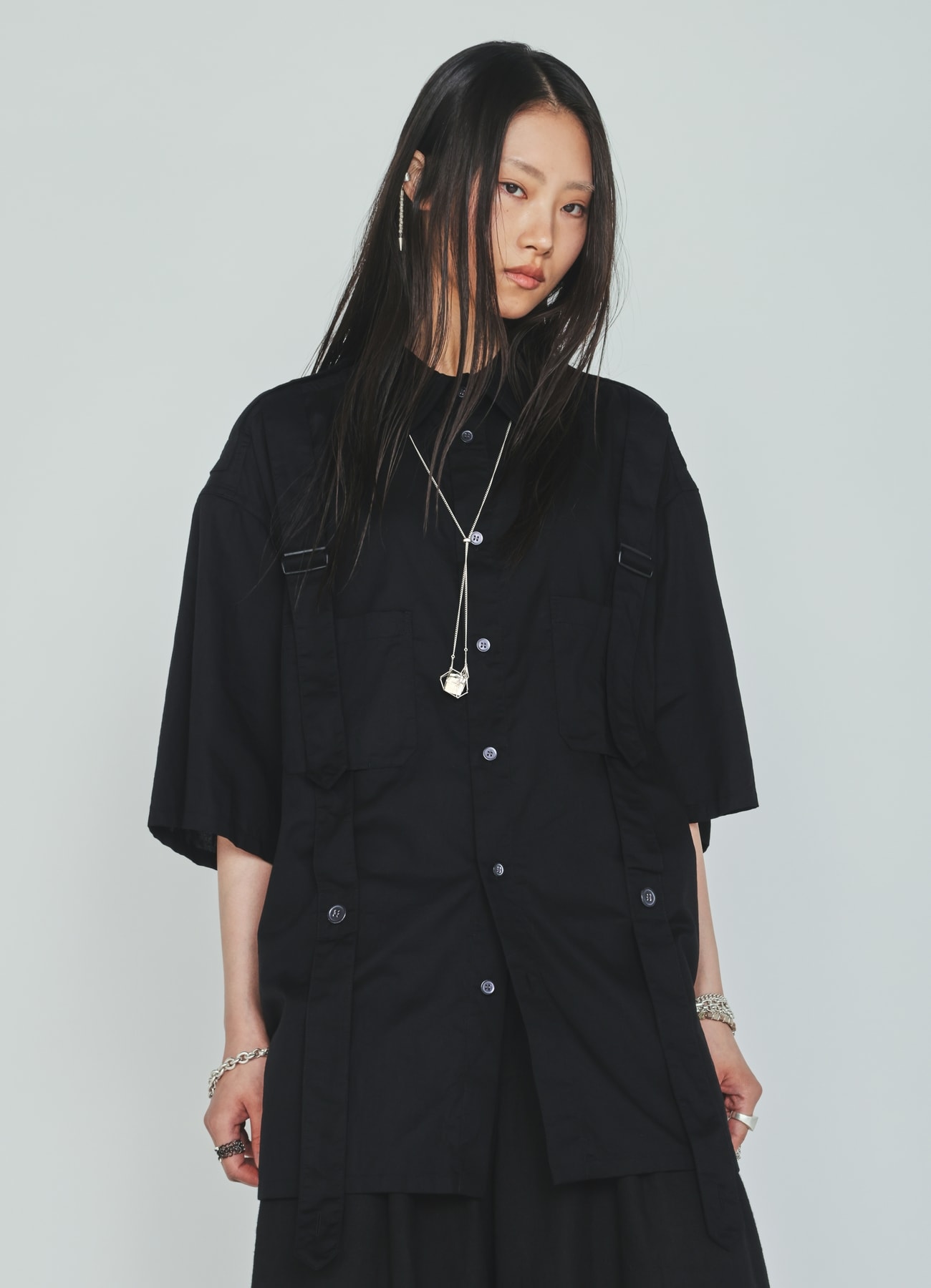 COTTON TWILL BELT REGULAR COLLAR SHORT-SLEEVE SHIRT