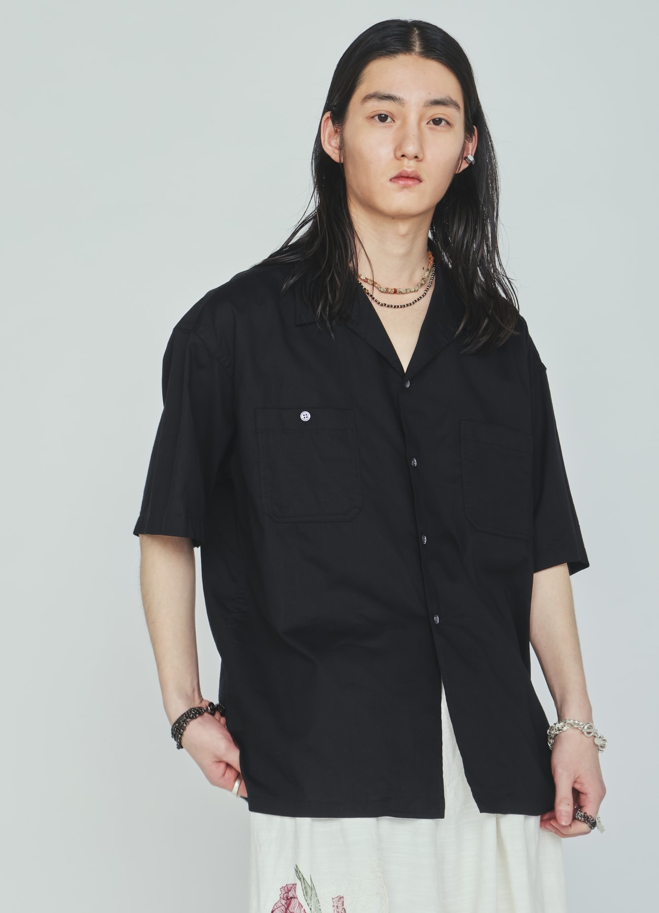 COTTON TWILL OPEN COLLAR SHORT-SLEEVE SHIRT