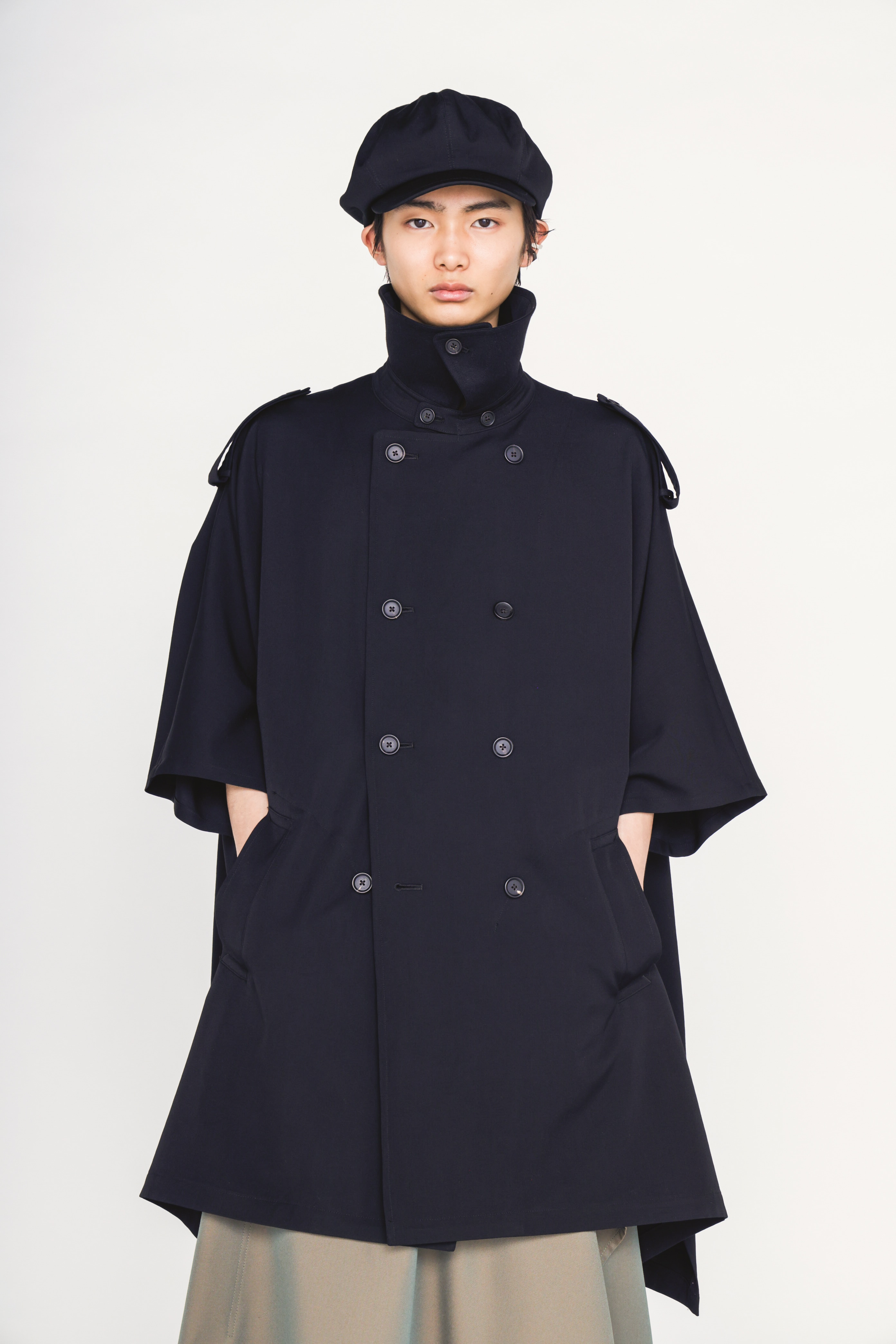 WASHER WOOL GABARDINE EPAULETTE DOUBLE-BREASTED PONCHO