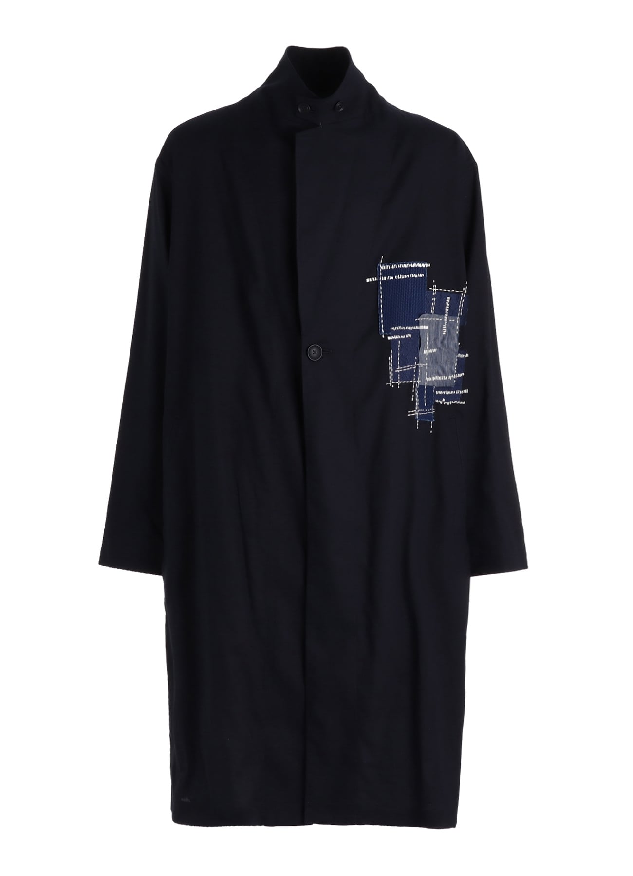 ORGANIC COTTON WASHER ONE-BUTTON LONG COAT WITH SASHIKO EMBROIDERY