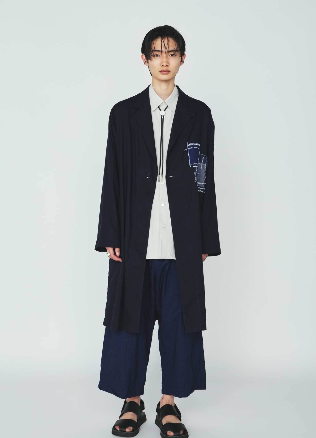 ORGANIC COTTON WASHER ONE-BUTTON LONG COAT WITH SASHIKO EMBROIDERY