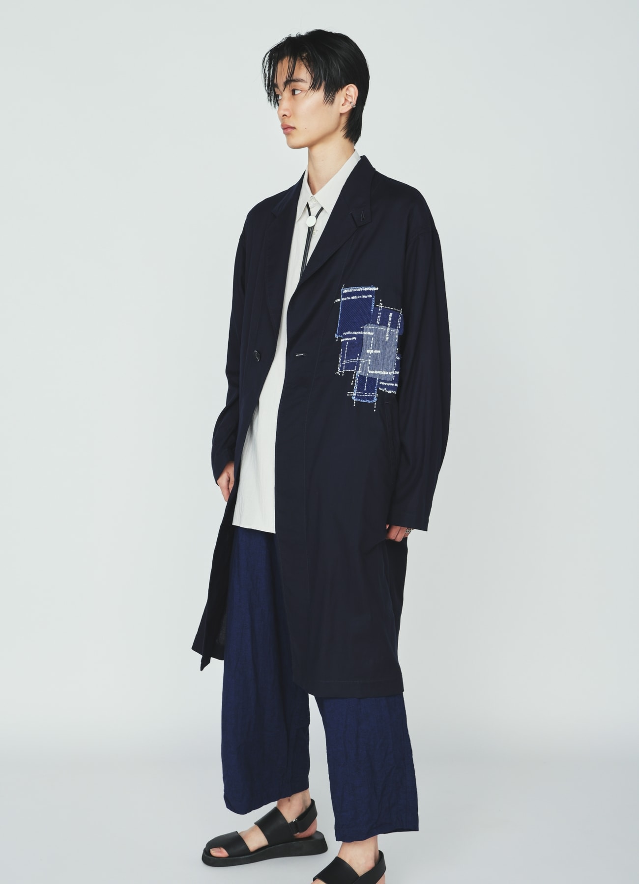 ORGANIC COTTON WASHER ONE-BUTTON LONG COAT WITH SASHIKO EMBROIDERY