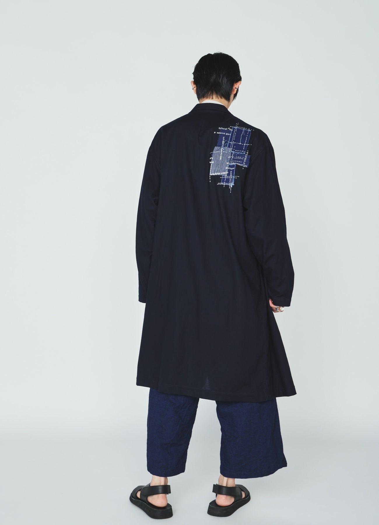 ORGANIC COTTON WASHER ONE-BUTTON LONG COAT WITH SASHIKO EMBROIDERY