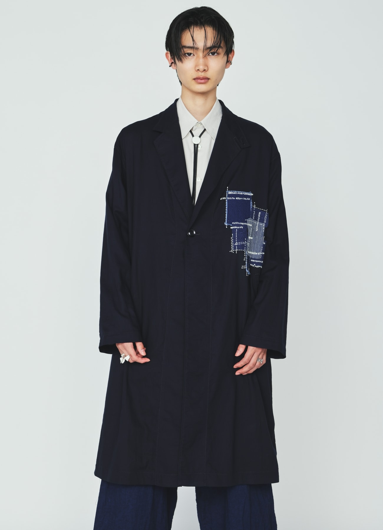 ORGANIC COTTON WASHER ONE-BUTTON LONG COAT WITH SASHIKO EMBROIDERY