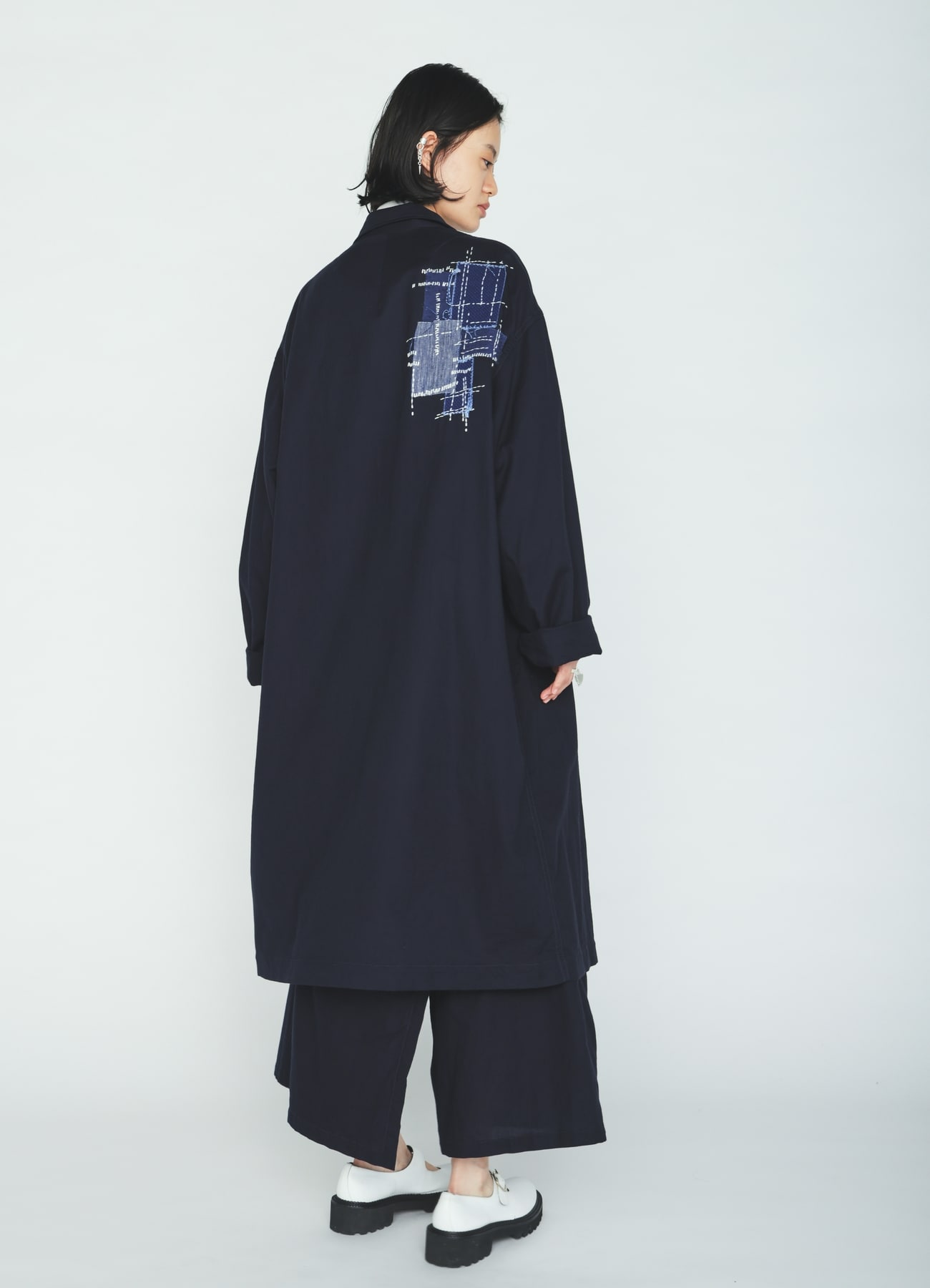 ORGANIC COTTON WASHER ONE-BUTTON LONG COAT WITH SASHIKO EMBROIDERY