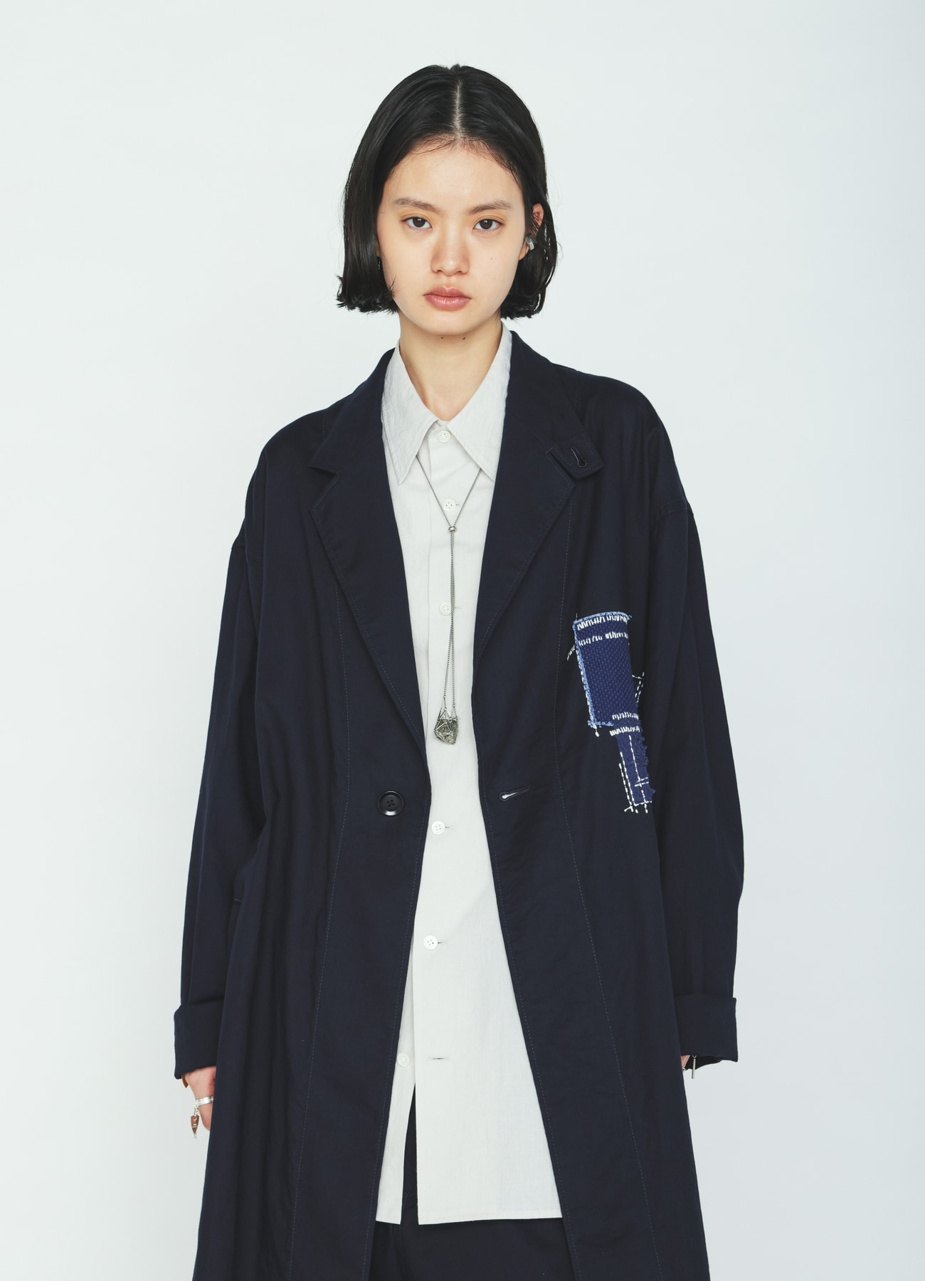 ORGANIC COTTON WASHER ONE-BUTTON LONG COAT WITH SASHIKO EMBROIDERY
