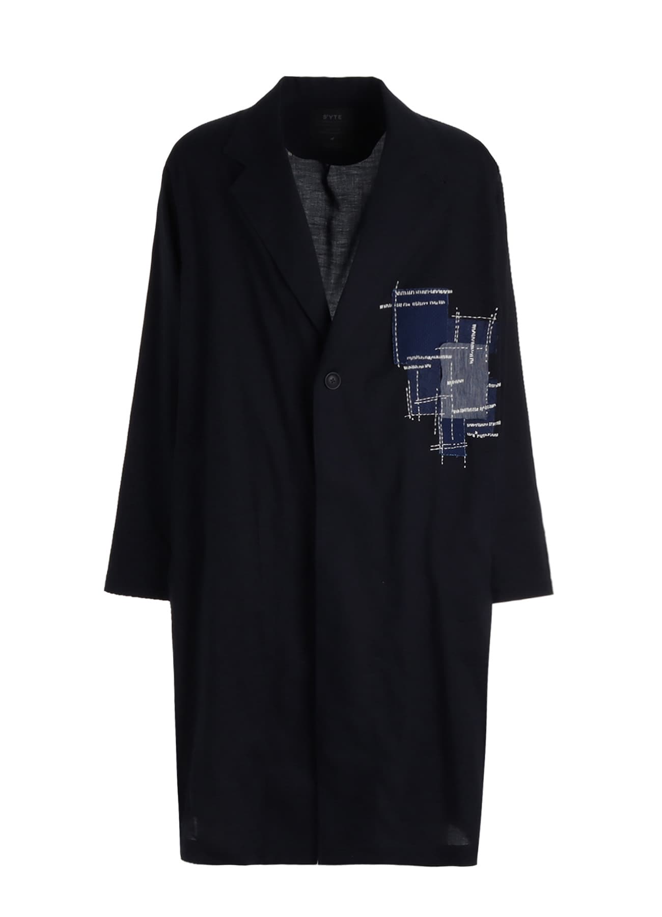 ORGANIC COTTON WASHER ONE-BUTTON LONG COAT WITH SASHIKO EMBROIDERY
