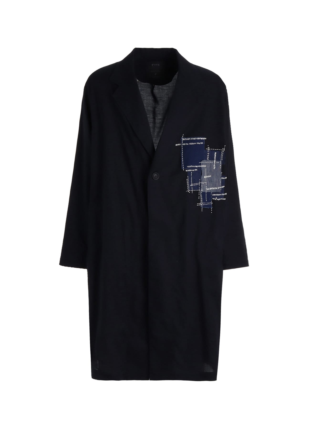 ORGANIC COTTON WASHER ONE-BUTTON LONG COAT WITH SASHIKO EMBROIDERY