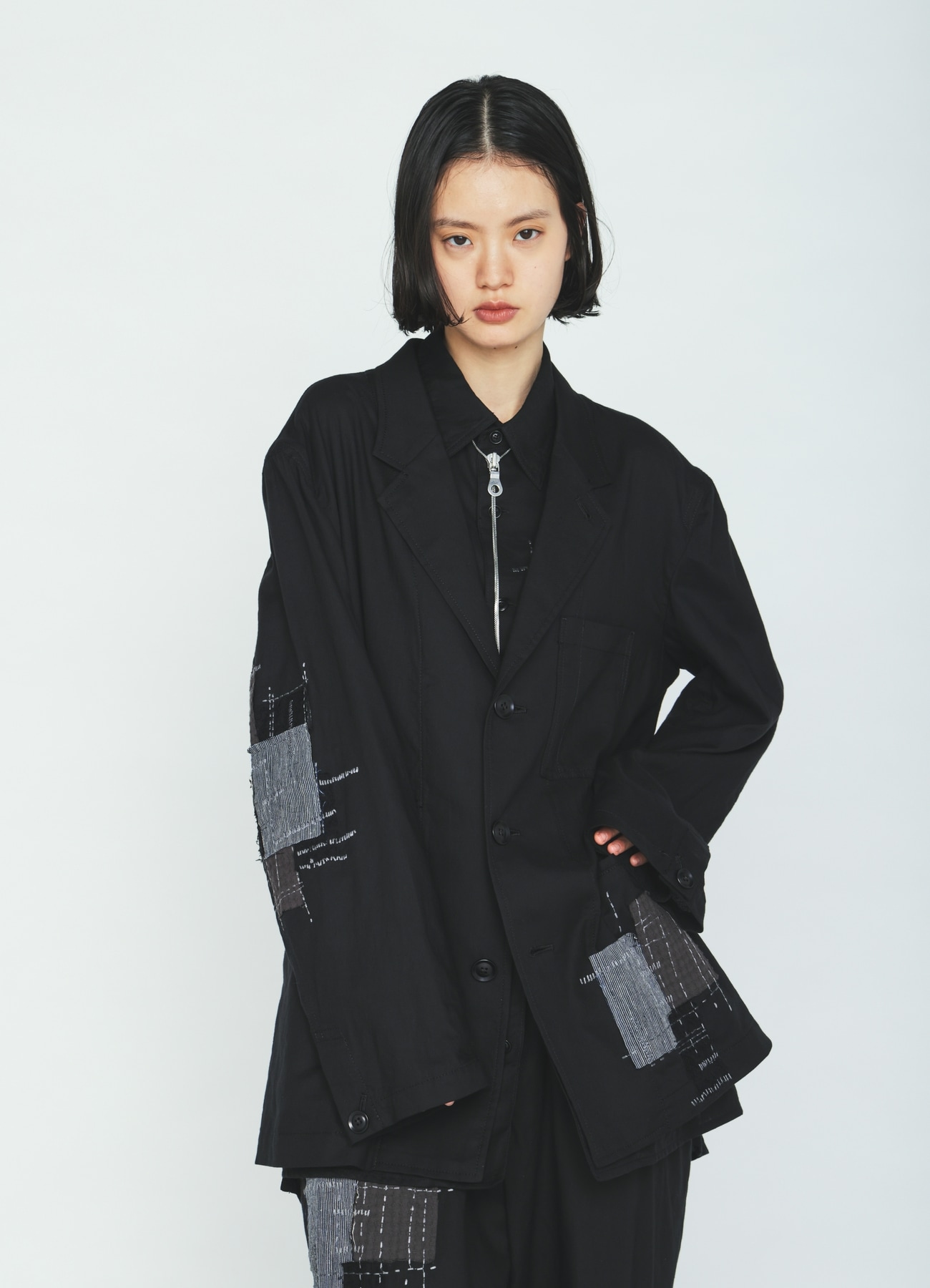 ORGANIC COTTON WASHER ASYMMETRIC SASHIKO EMBROIDERY JACKET