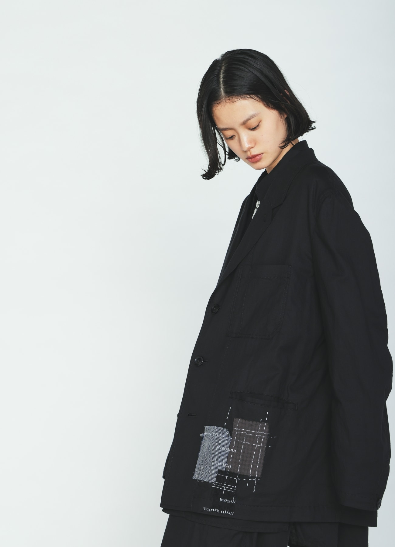 ORGANIC COTTON WASHER ASYMMETRIC SASHIKO EMBROIDERY JACKET